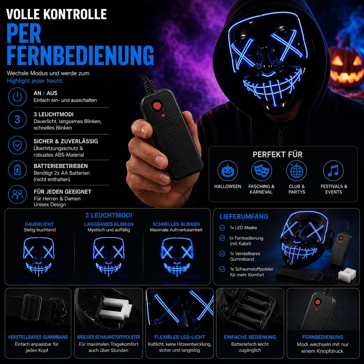 Detalle de TK Gruppe Timo Klingler Purge LED-horrormasker met 3 regelbare lichteffecten