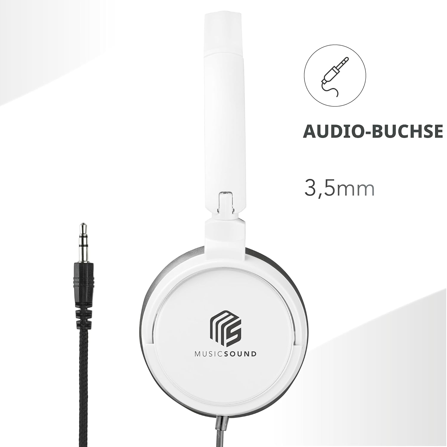 Detalle de Music Sound Basic Bügelkopfhörer mit Kabel (Over Ear), faltbar & Mikrofon, 3,5-mm-Klinke – Weiß