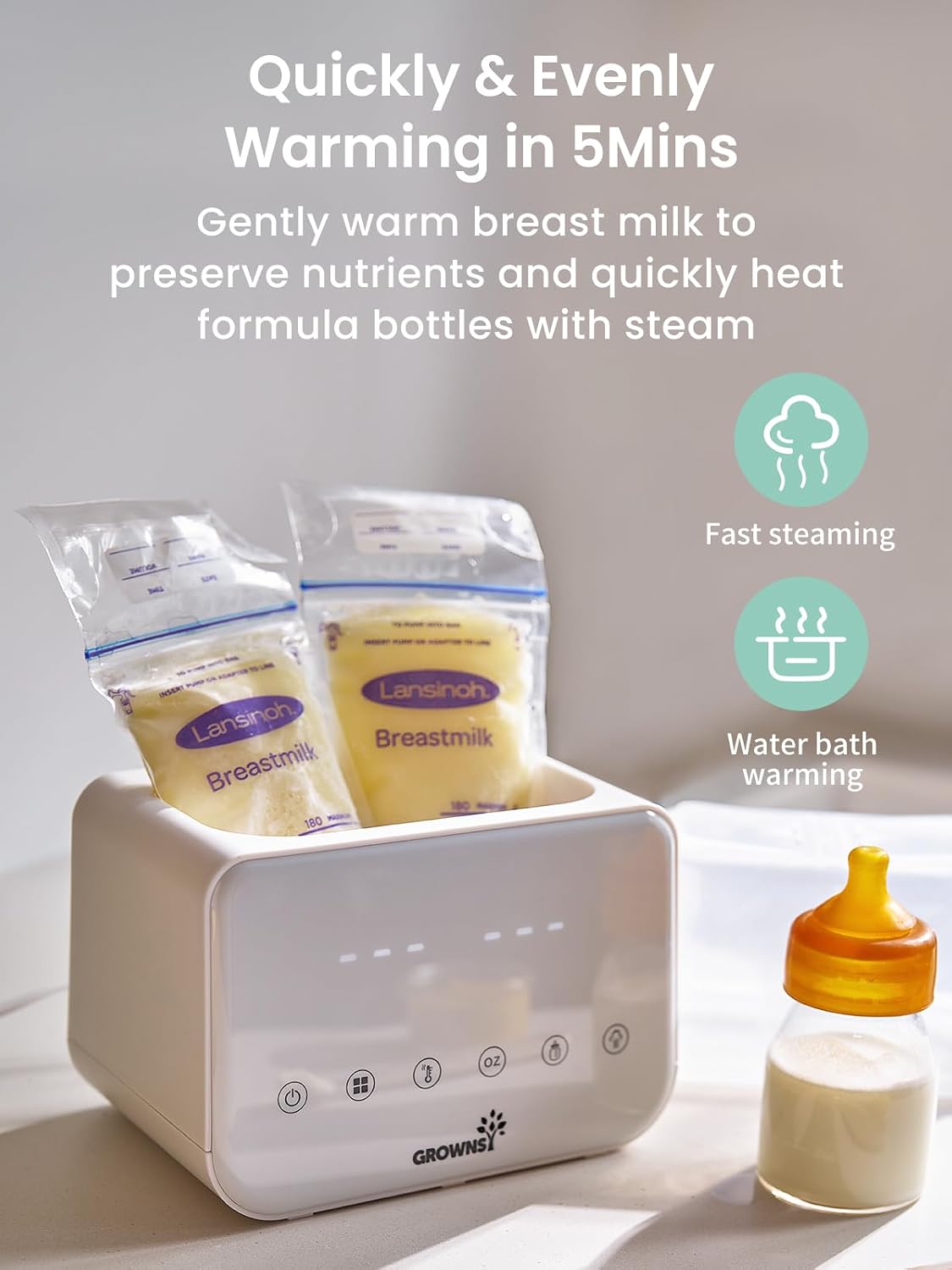 Detalle 2 de GROWNSY Fast Double Baby Bottle Warmer, Beige, 10-in-1 with LCD Display