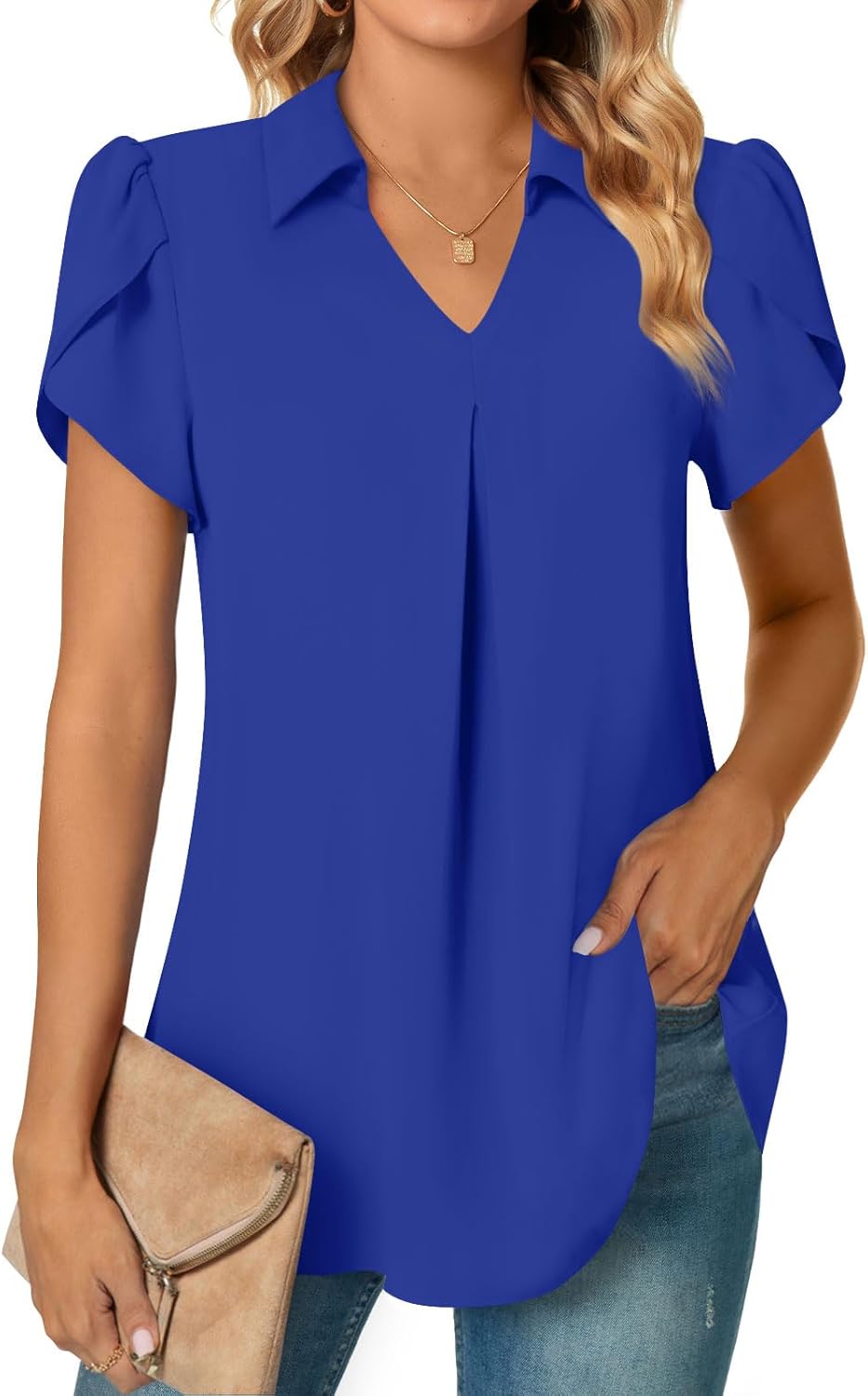 Detalle de Aodemo Women Summer Dressy Chiffon Collared V-Neck Pleated Short Sleeve Blouse