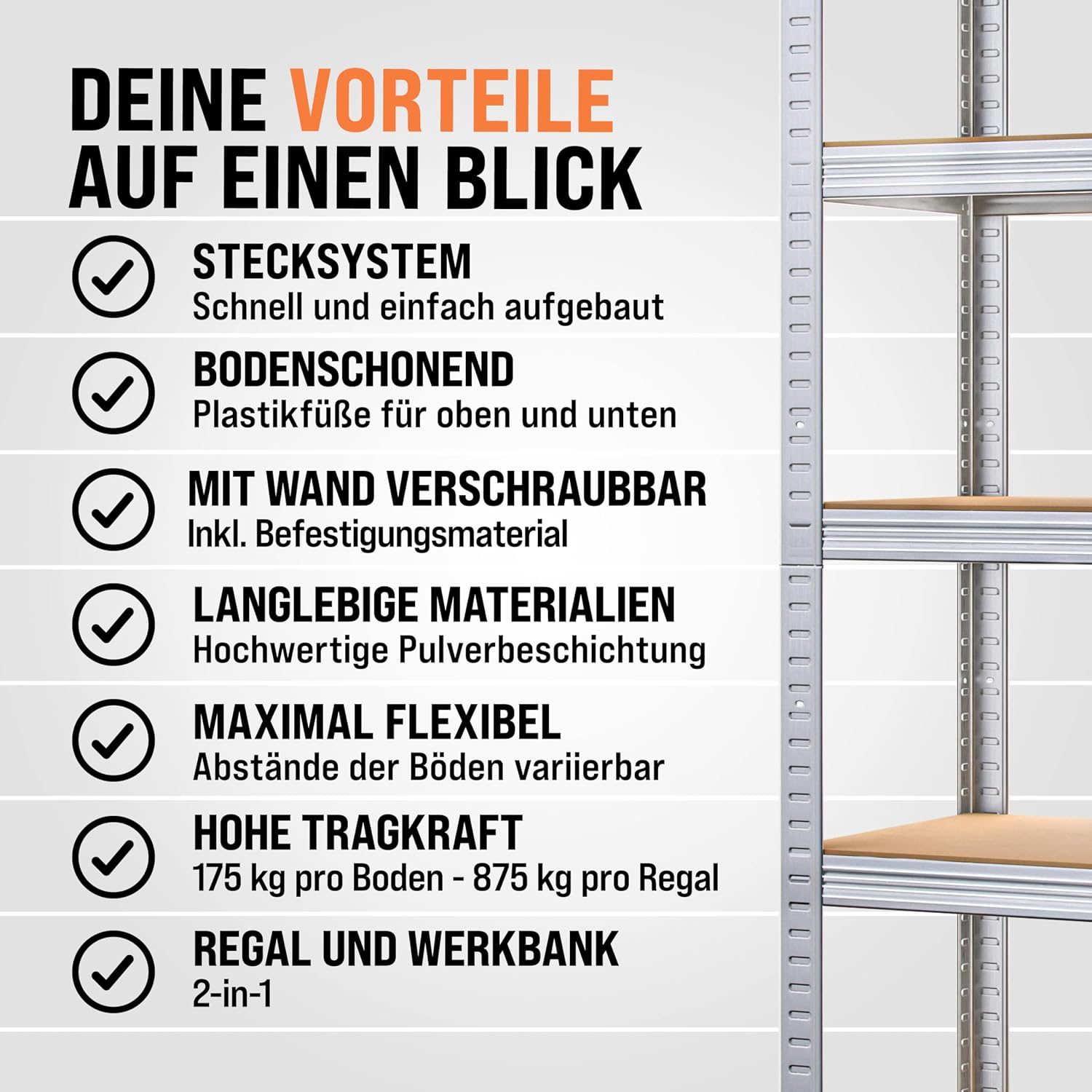 Detalle 2 de Monzana 2er Set Schwerlastregal 180x90x40 cm – verzinkter Stahl, tragfähig bis 875 kg