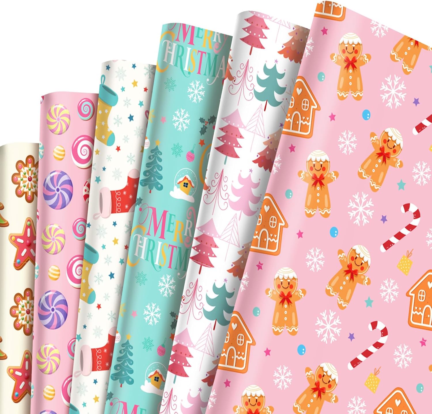Detalle de Candyland Christmas Wrapping Paper Sheets (12 Pack) – 50 x 69 cm, Pink & Blue Gingerbread Theme, Loose-Leaf Recyclable Gift Wrap