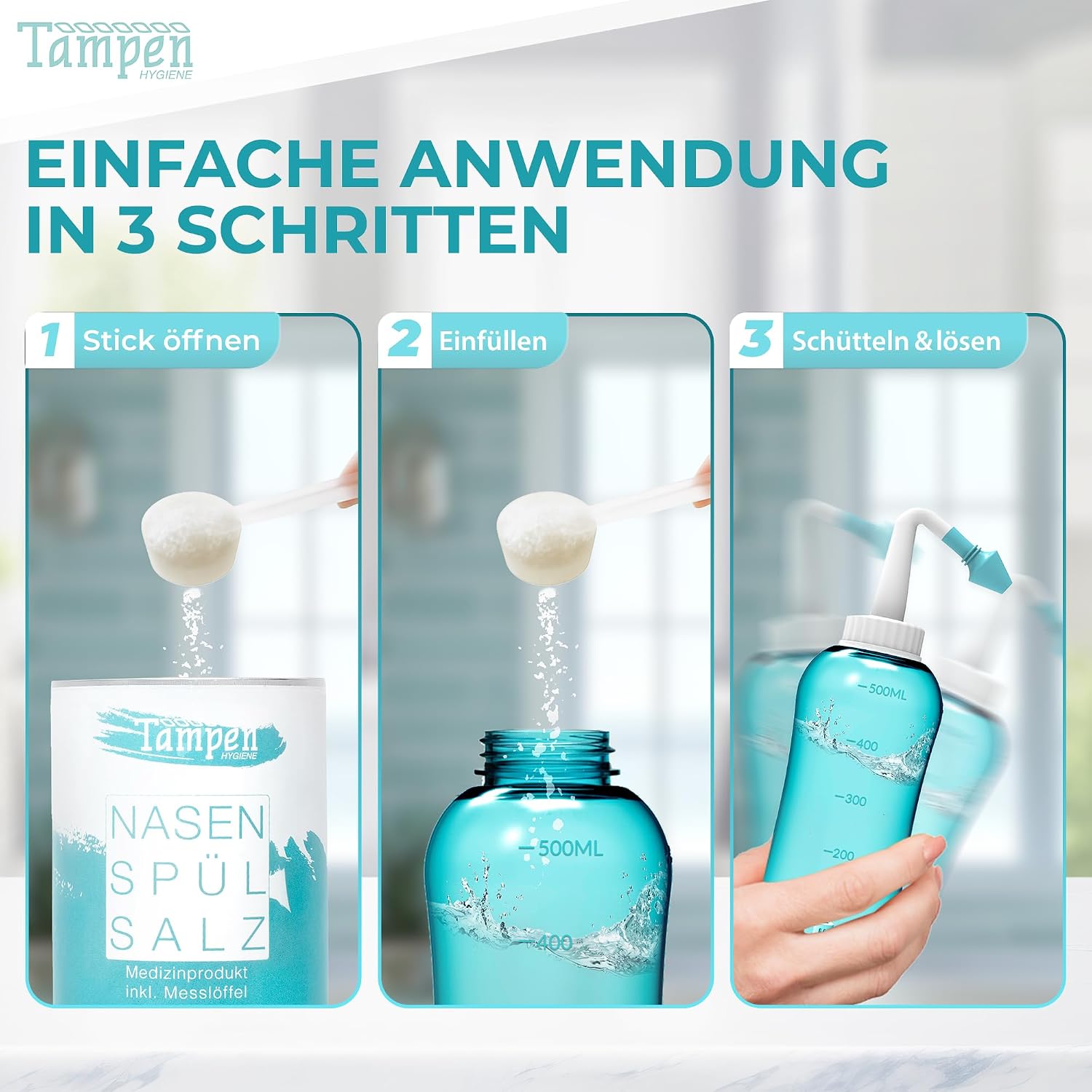 Detalle de Tampen Nasendusche: Großes Set für Erwachsene und Kinder inkl. 120 Nasenspülsalz, Messlöffel und 3 Aufsätze