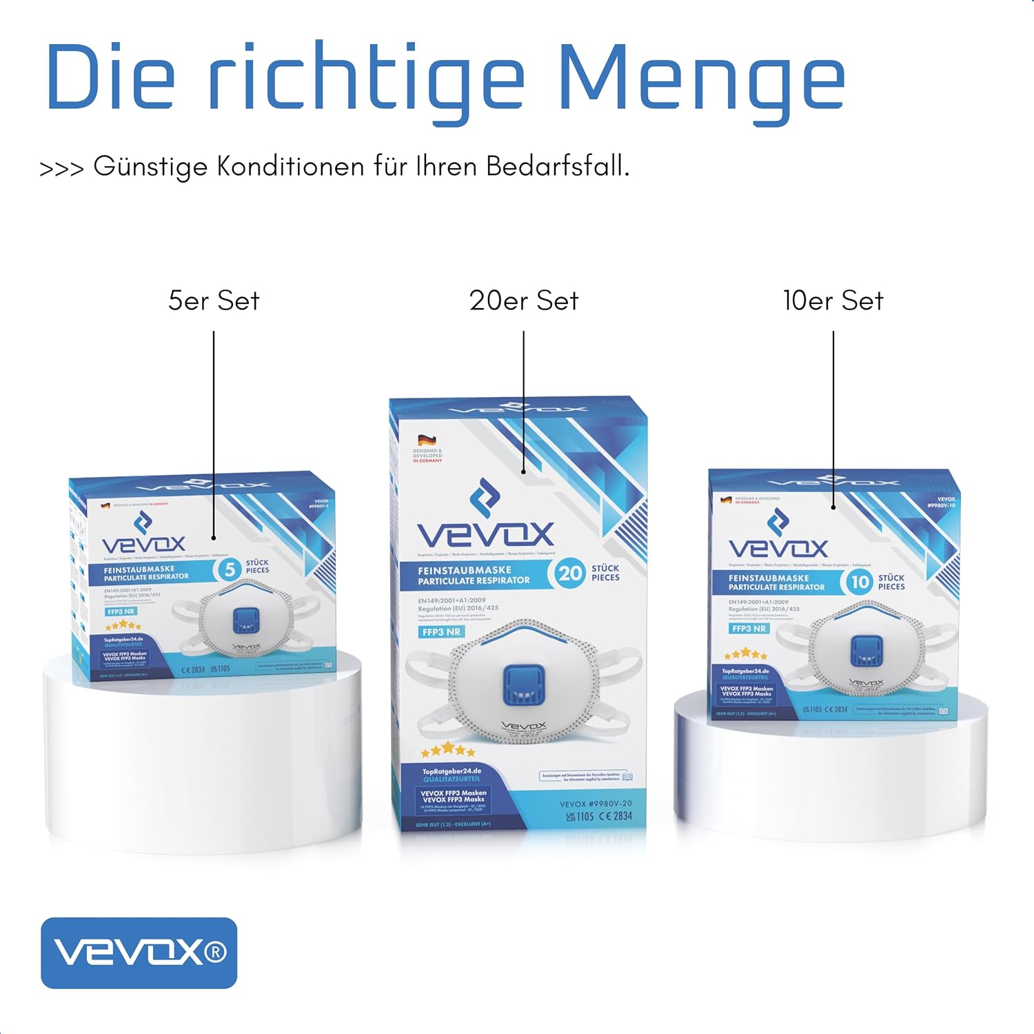 Detalle de VEVOX FFP3 Maske mit Ventil – Set 5er / 10er / 20er (Staubschutzmaske)