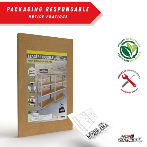 Thumbnail 8 de EURO VANADIUM Double Étagères de Rangement Charges Lourdes – 160 x 160 cm, 640 kg, 4 niveaux, 8 plateaux, Gris