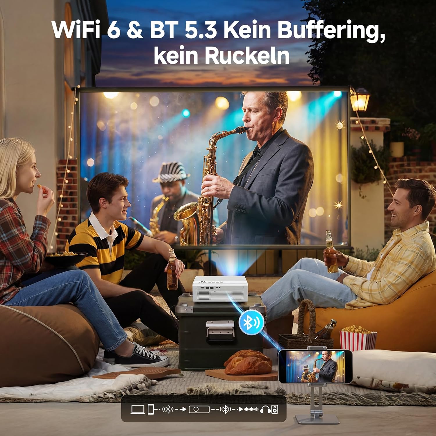 Detalle 2 de KOGATA GC357 4K Smart Beamer mit WLAN & Bluetooth – HDR10+ Auto-Fokus, 6D Keystone, Dolby Audio, Heimkino für Garten & Streaming