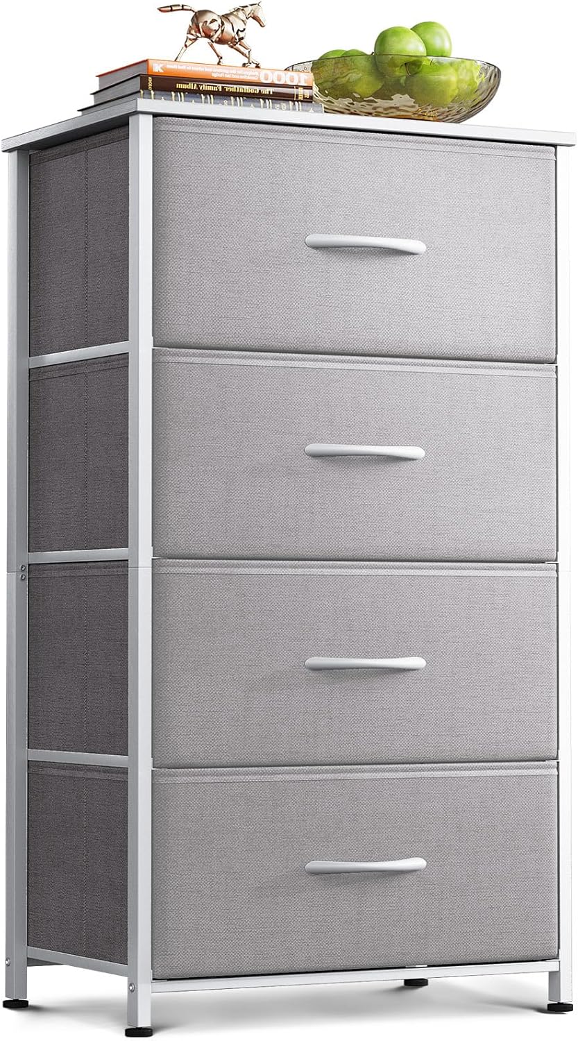 Coleshome tall chest of drawers (4 fabric drawers) with wooden top, small & narrow unit, light grey, 40 x 30 x 80 cm