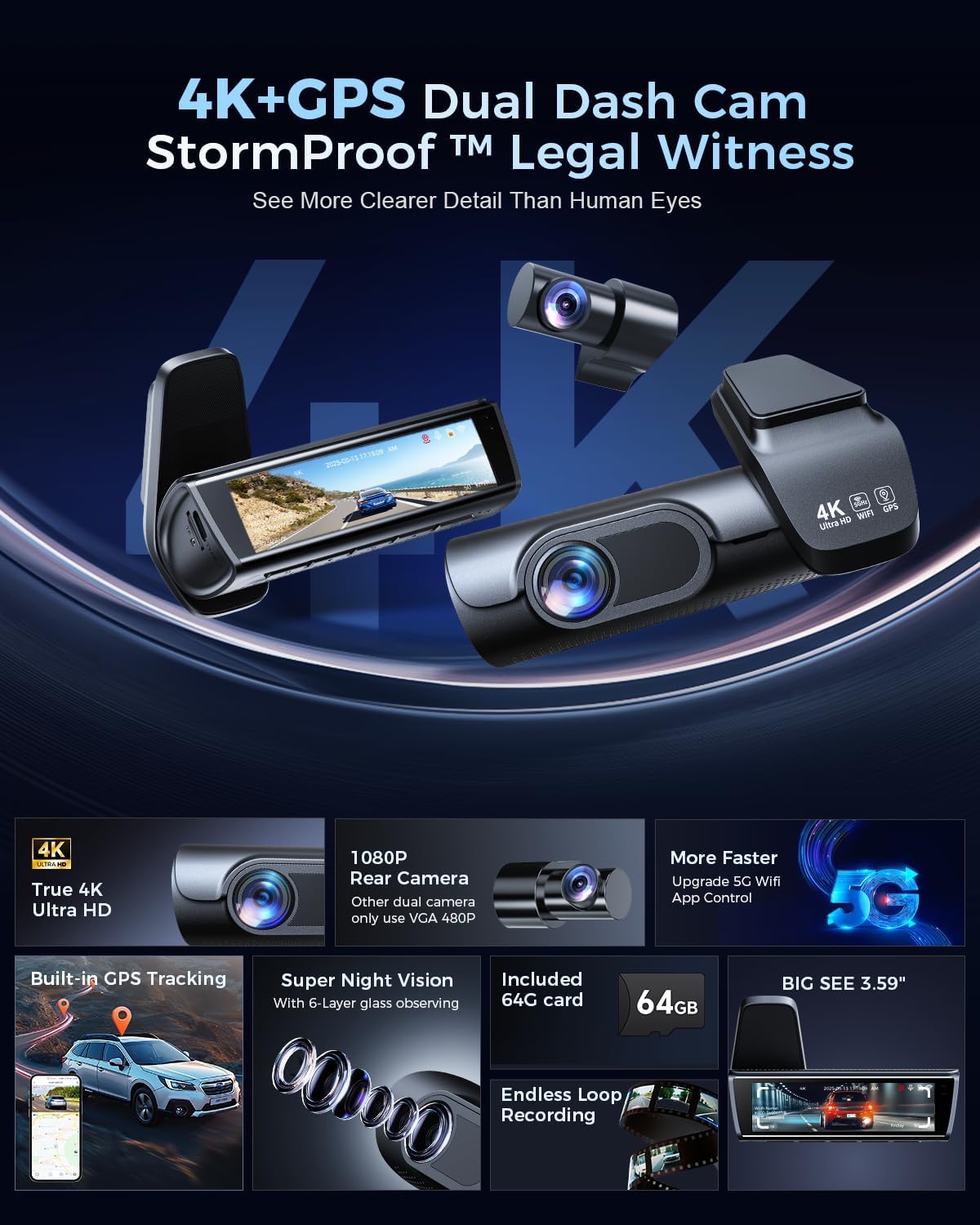 Detalle 2 de OVAMAN K600 4K Dash Cam with GPS and Wi‑Fi