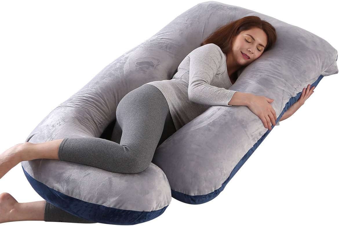 Coussin de grossesse en forme de U (G) avec housse velours lavable – Coussin d’allaitement bleu marine et gris