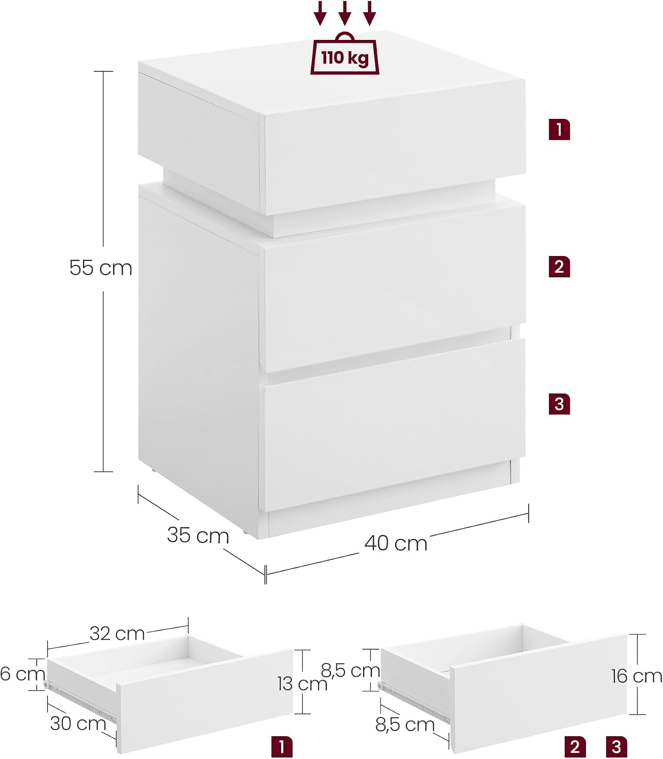 Detalle de VASAGLE LET630T10V2 – stolik nocny LED z 3 szufladami, 35 × 40 × 55 cm