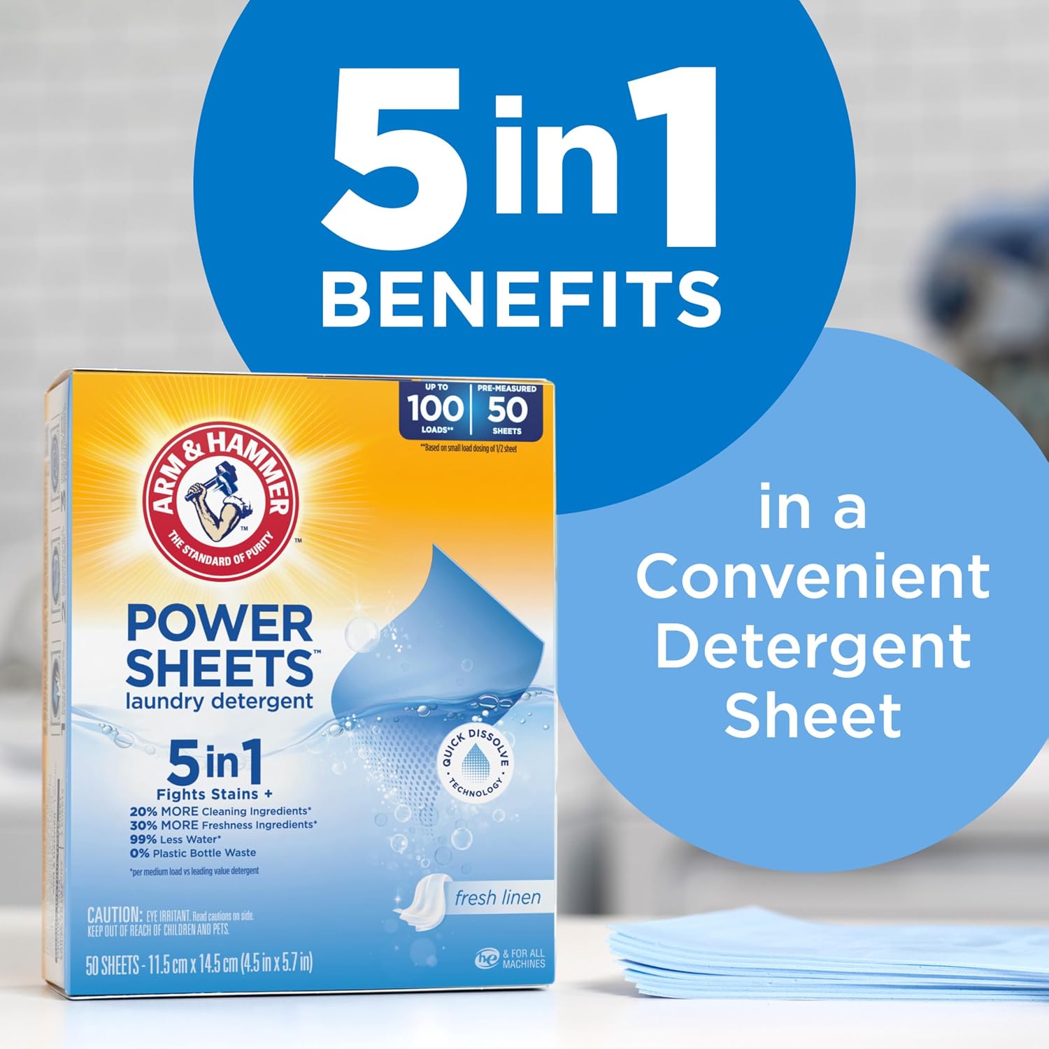 Detalle de ARM & HAMMER 033200976578 5-in-1 Laundry Detergent Sheets, Fresh Linen, 50 Count