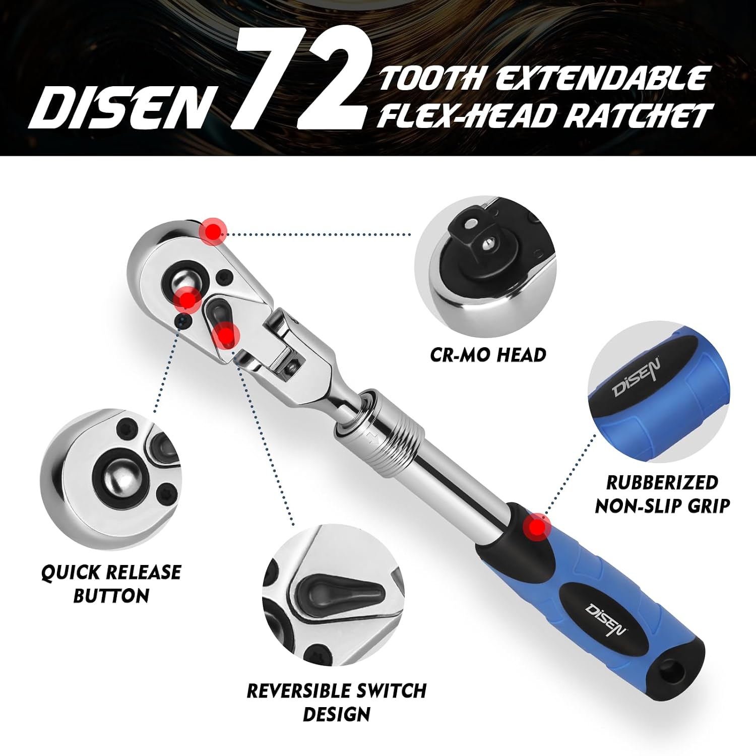 Detalle de DISEN DISEN-3_8HDTJLB 3/8-Inch Extendable Ratchet, 72-Tooth Flex Head