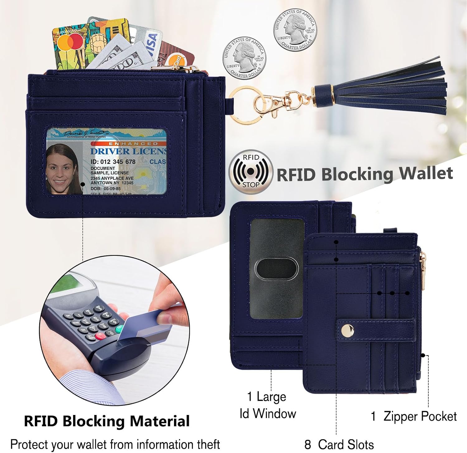 Detalle de KNGITRYI Geldbörse Damen Klein RFID – Kartenetui mit Reißverschluss, Schlüsselanhänger & abnehmbarem Wristlet