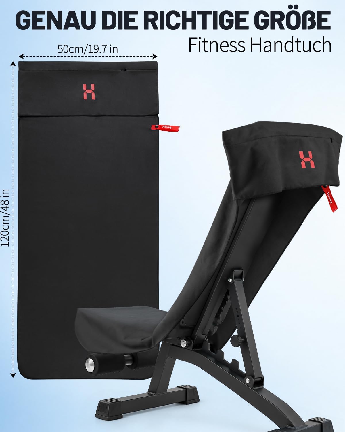 Detalle de Hexify 01 – ręcznik z mikrofibry 120 × 50 cm, czarny, z zamkiem błyskawicznym