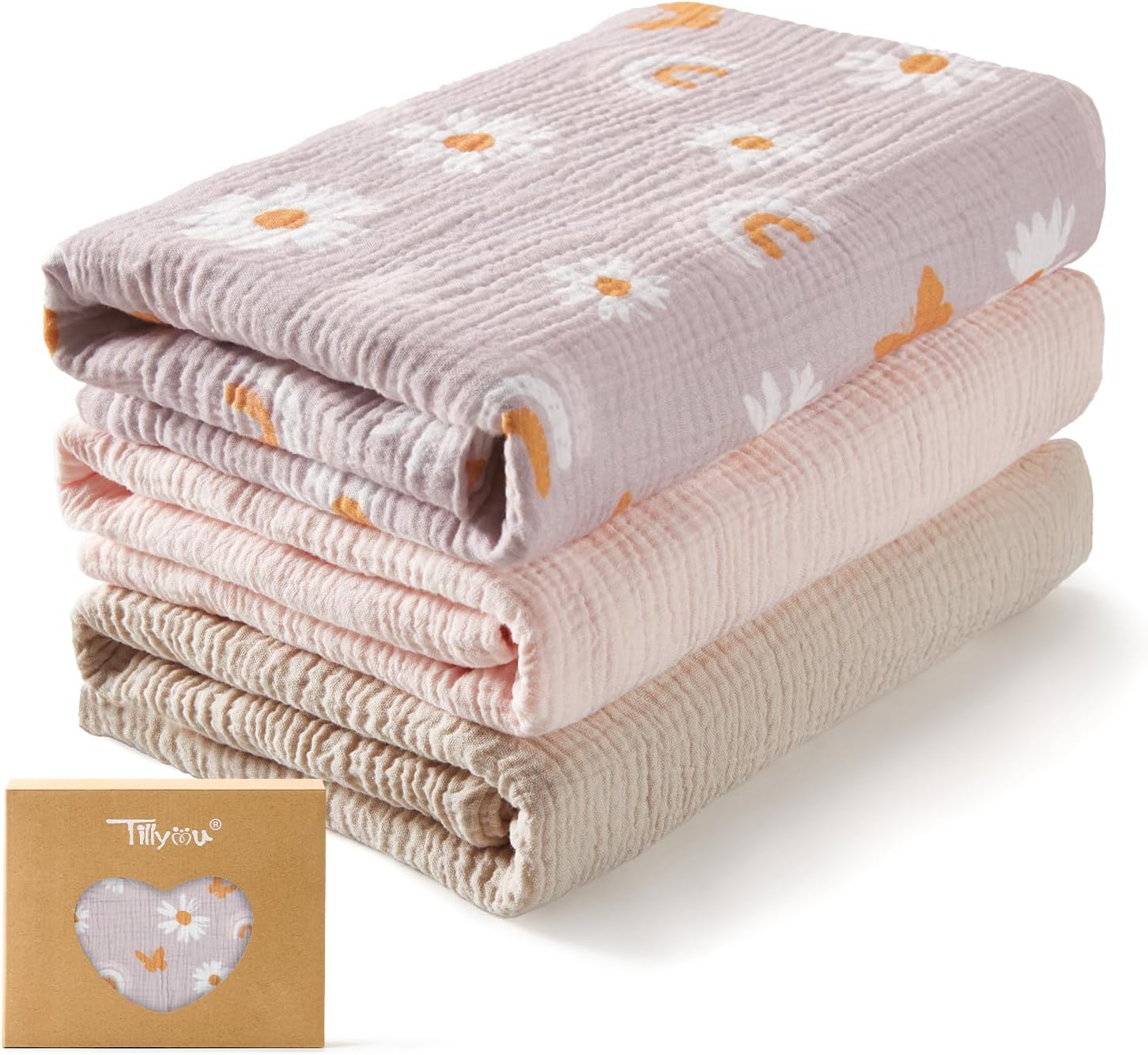 Thumbnail 6 de TILLYOU 3er Set Musselintücher Baby Pucktuch 75×100 cm – 100% Baumwolle, Graugrün