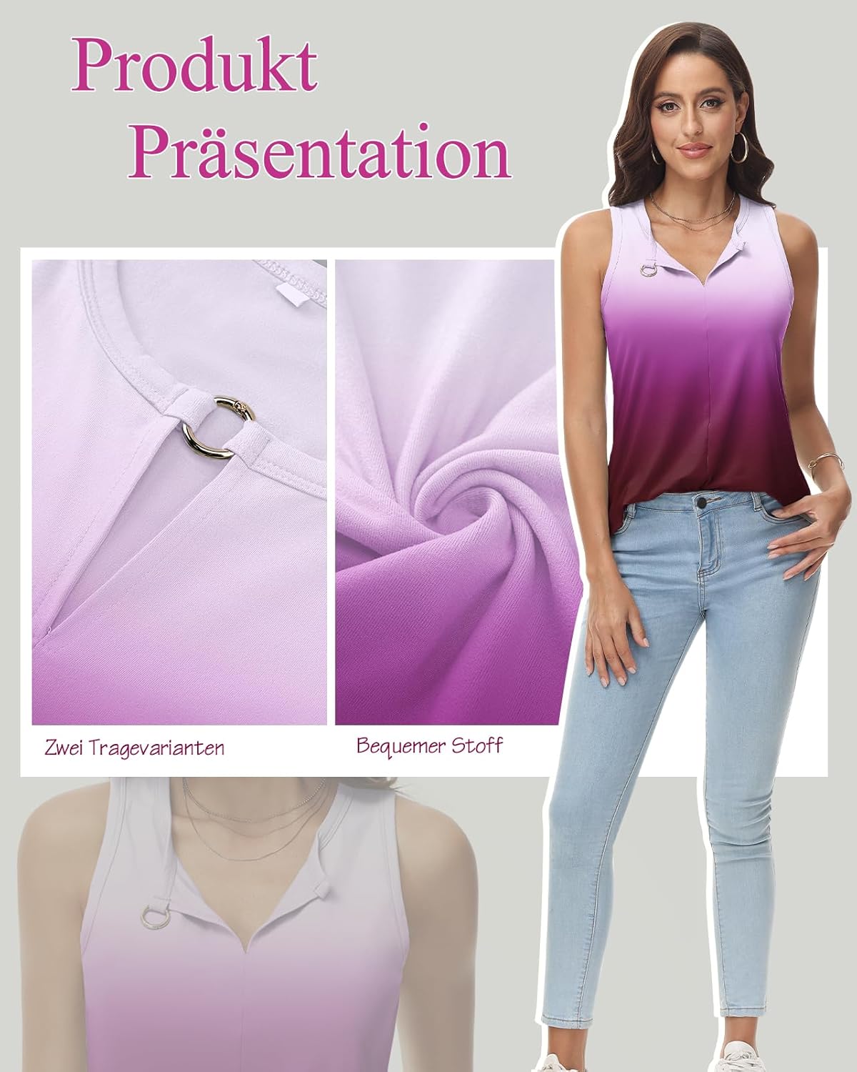 Thumbnail 4 de Tanmolo Damen Tank Top Ärmellos V-Ausschnitt mit Ring-Detail – Sommer, casual