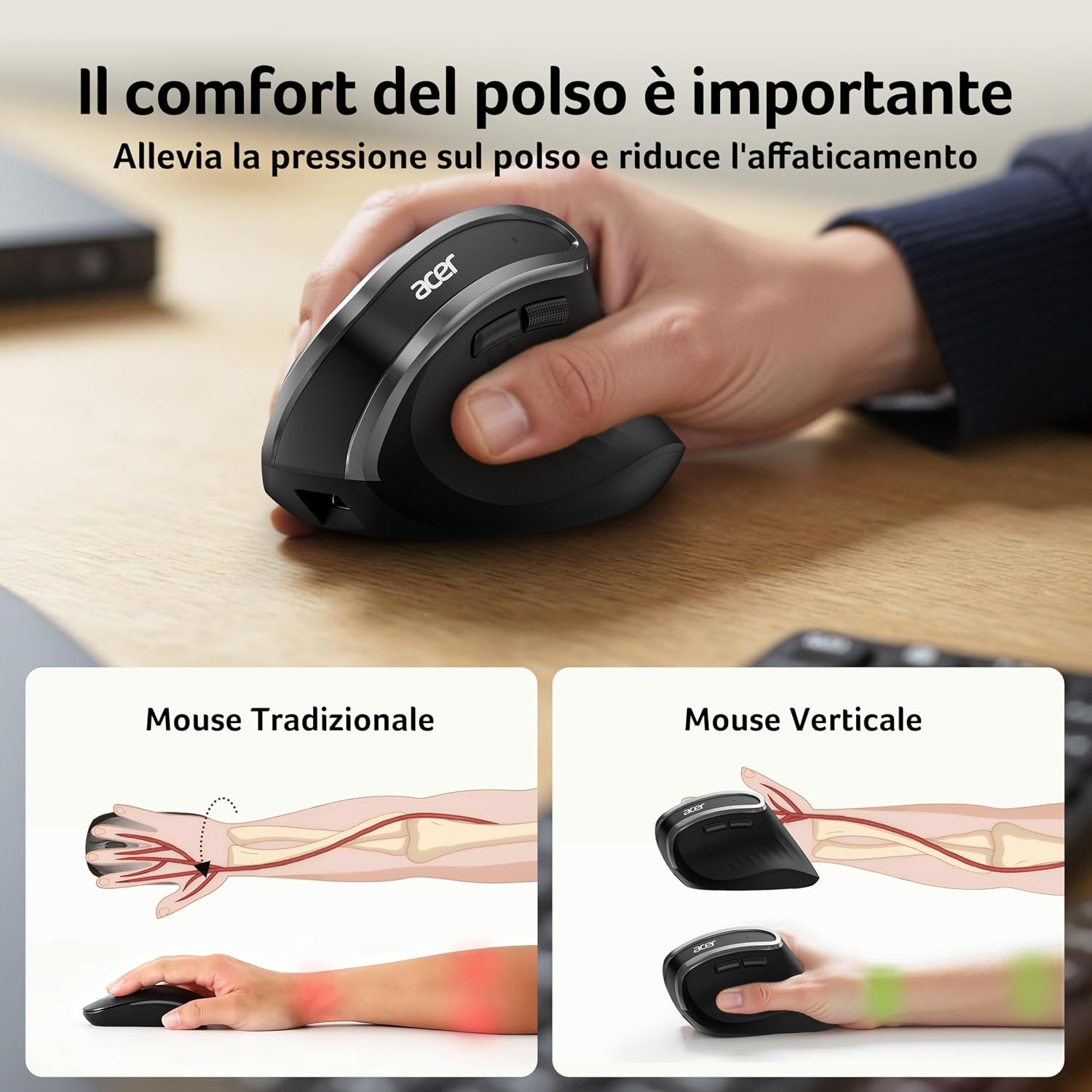 Detalle de Acer Mouse Wireless Ergonomico: Mouse verticale ricaricabile con 6 pulsanti e DPI regolabili