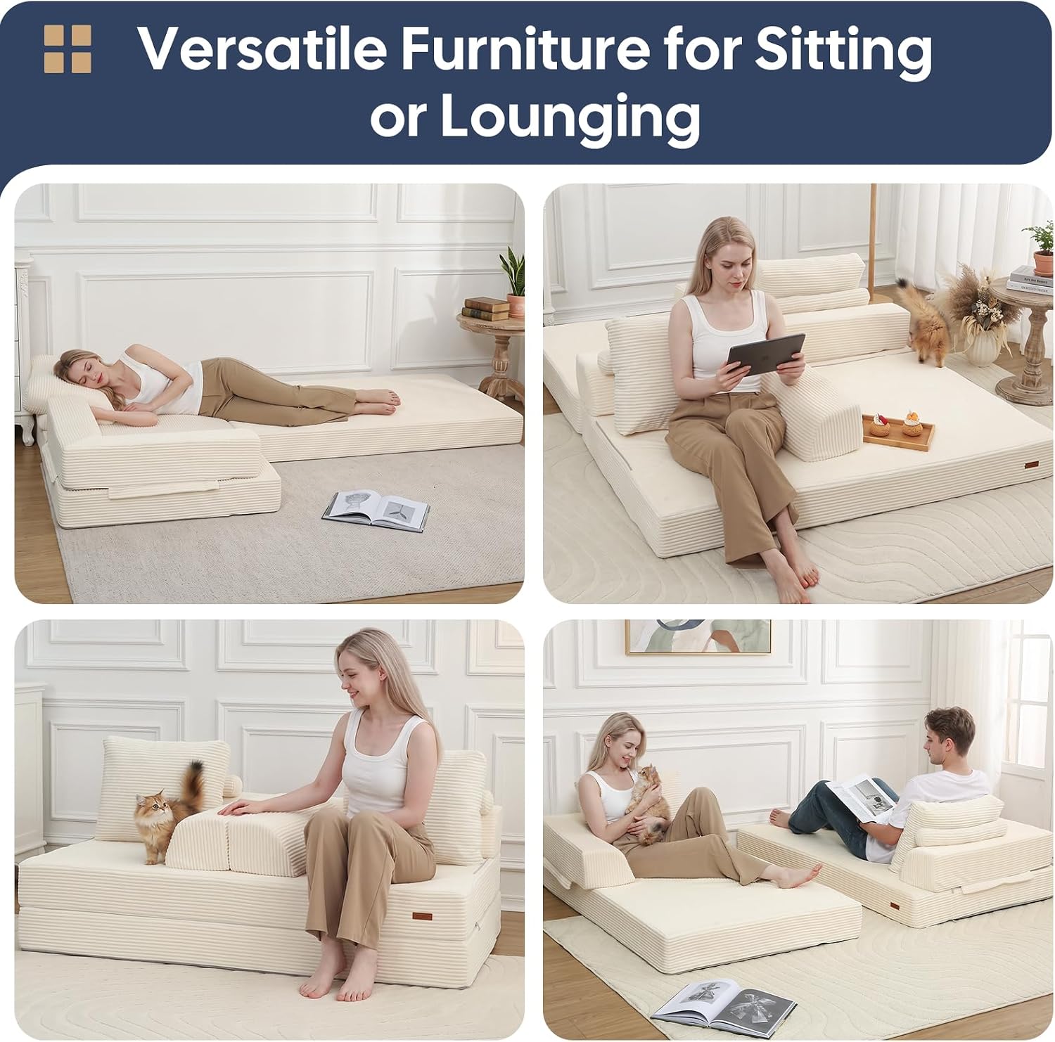 Detalle 2 de COMAX Convertible Sofa Bed (Corduroy Beige) – Folding Floor Couch Bed Futon Sleeper w/ Pillows