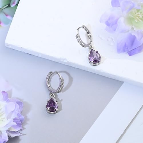 Detalle de Weviway Silver Amethyst Drop Earrings - Teardrop Crystals with Cubic Zirconia Accents
