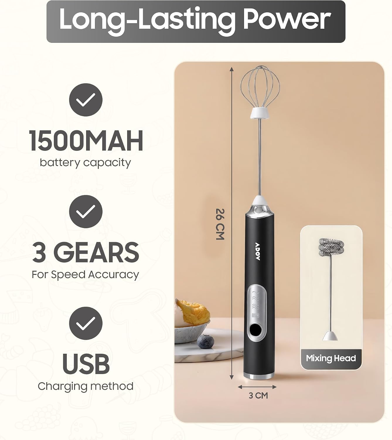 Detalle de ADOV 0142-MKF-BLK Handheld Milk Frother, USB Rechargeable, 3 Speeds