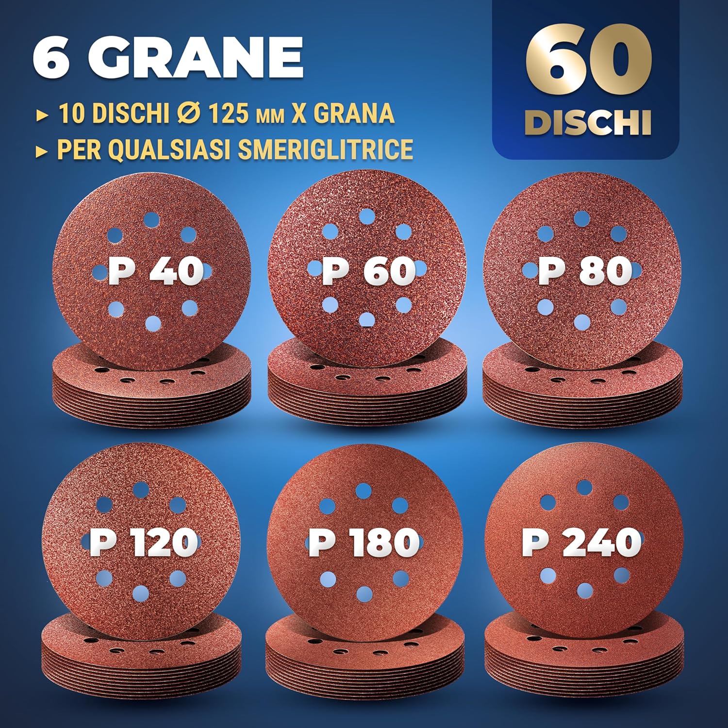 Thumbnail 1 de S&R Dischi Abrasivi 125 mm Carta Vetrata Levigatrice — Set 60 pezzi, grane 40/60/80/120/180/240 (8 fori) per levigatrice orbitale
