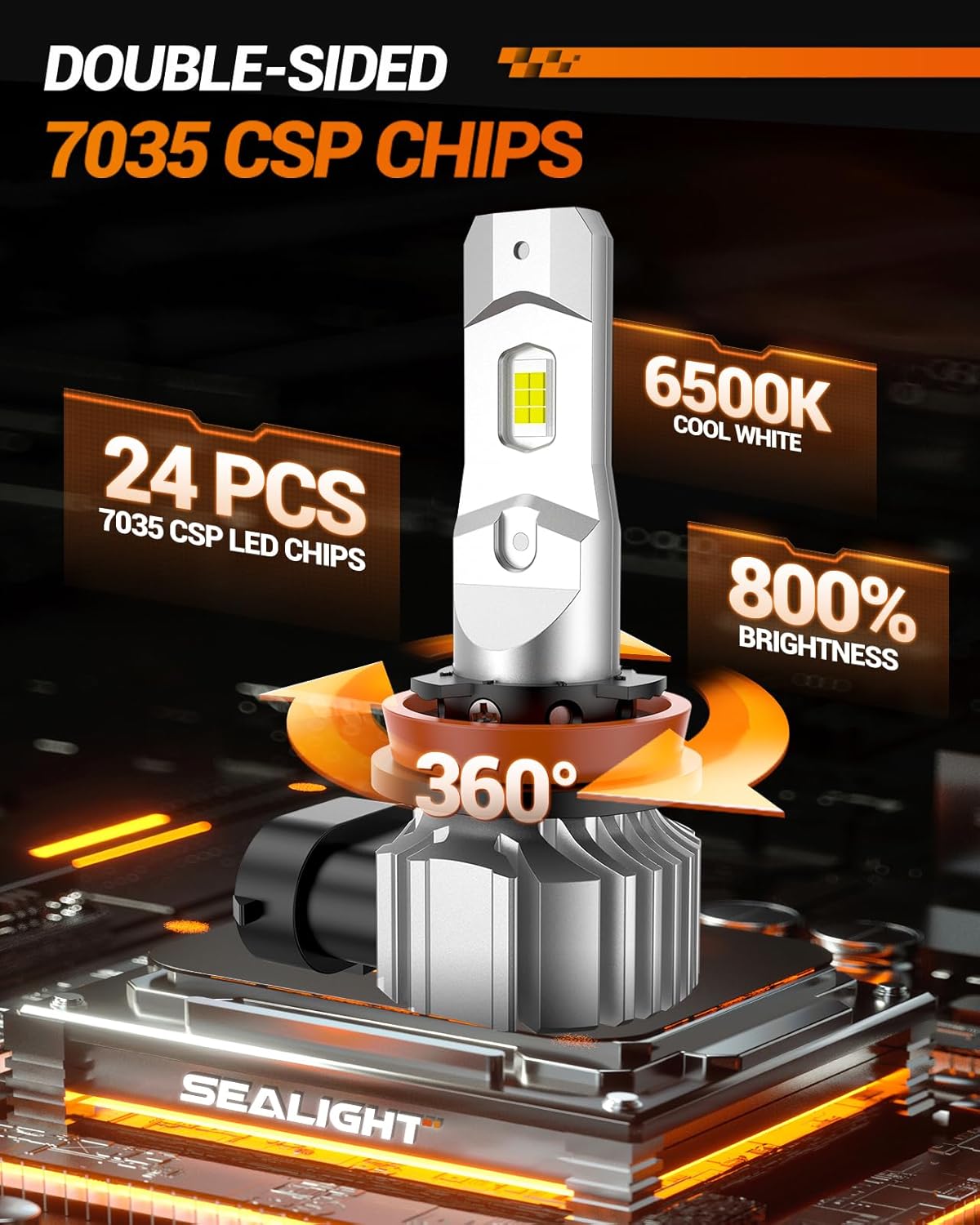 Thumbnail 2 de SEALIGHT H11 LED Fog Light Bulbs (H8/H16 Compatible) — 6500K Cool White, 360° Adjustable Ring, IP68 (Pack of 2)