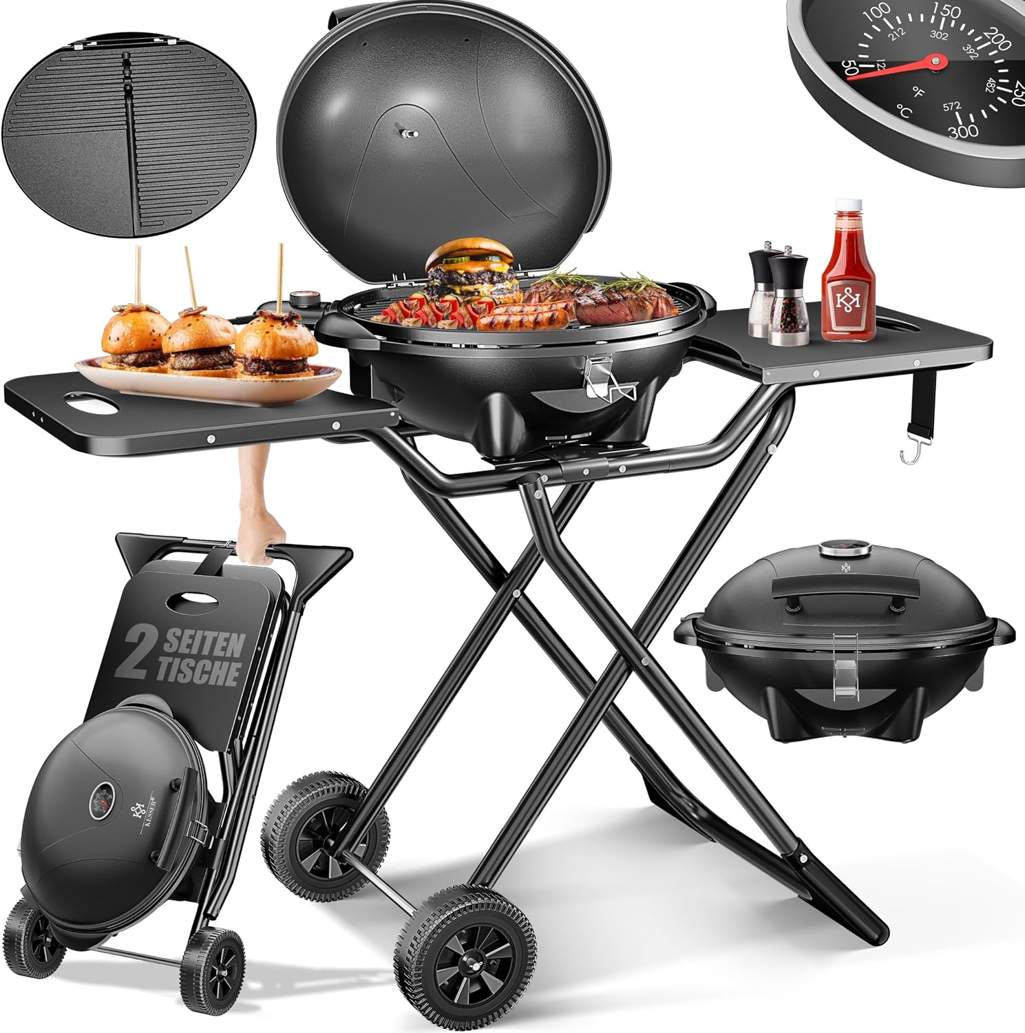 Detalle 1 de KESSER® 2in1 Elektrogrill Tischgrill & Standgrill mit Deckel, Thermostat, Antihaftbeschichtung (2400 Watt)
