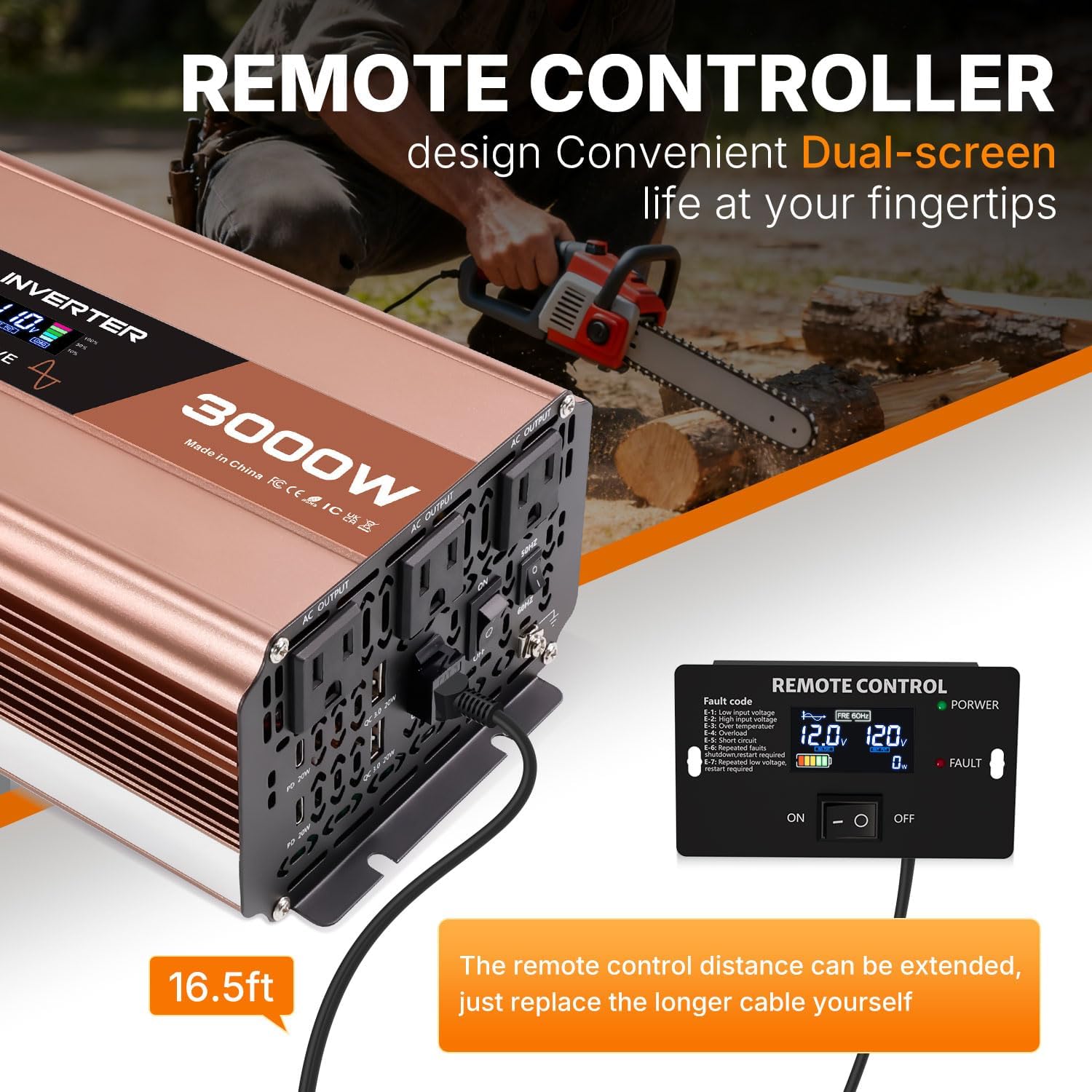 Detalle 2 de EFFORTWAY F-3000P 3000W Pure Sine Wave Inverter, 12V DC to 110–120V AC