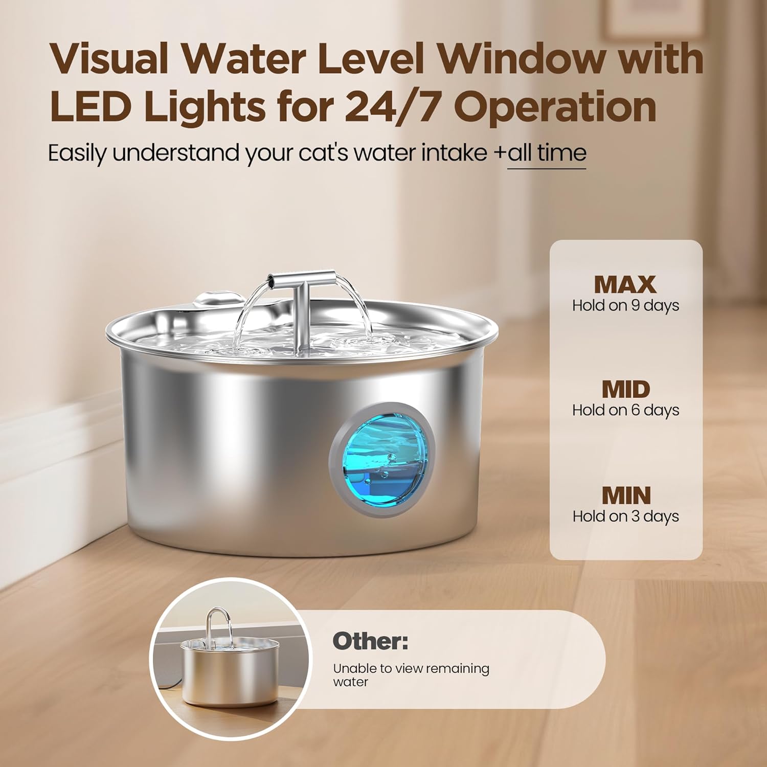 Detalle de UMOCUOY fuente de agua para gatos de acero inoxidable 304 con cuenco dispensador automático y doble caño (2,6 L)