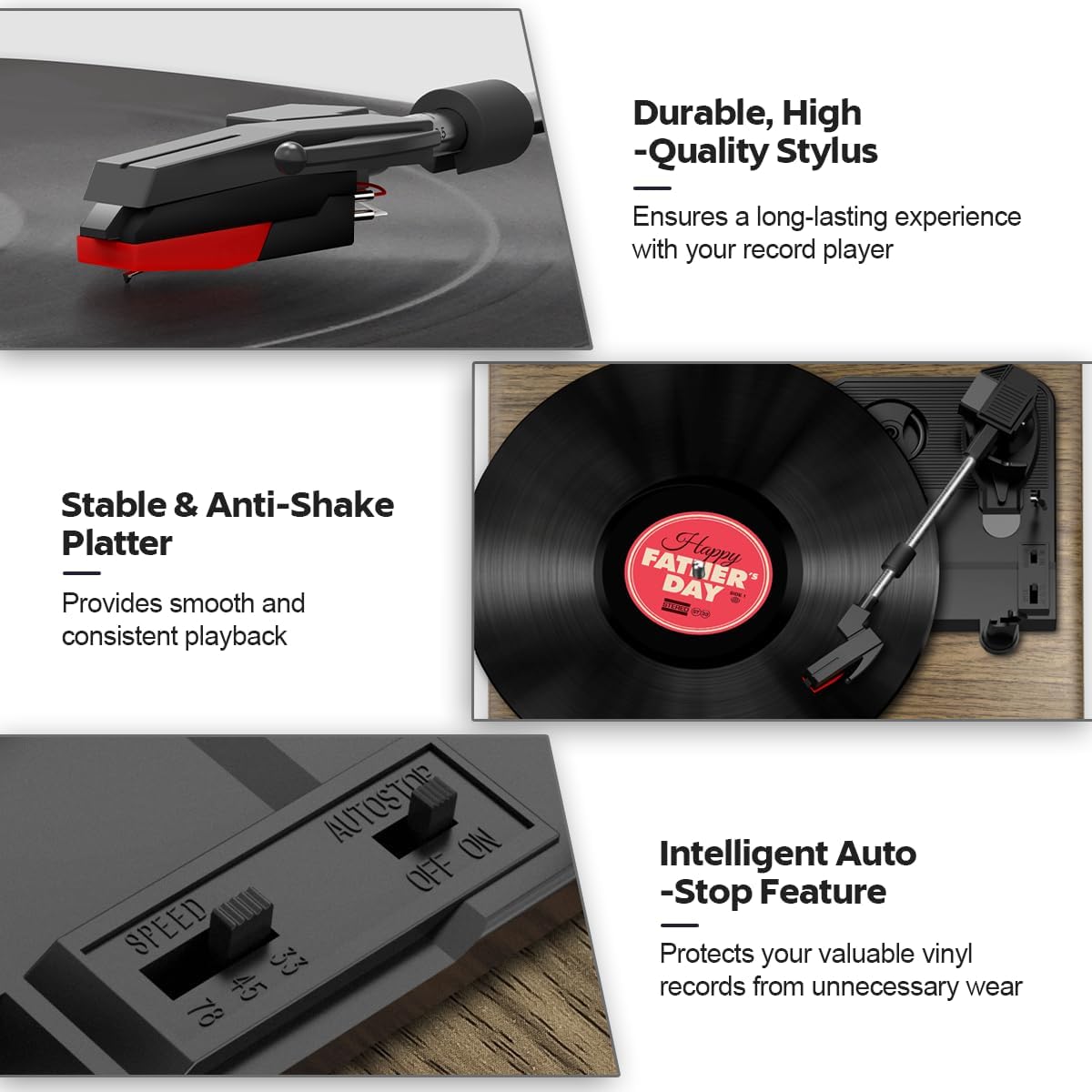 Thumbnail 3 de FYDEE Platine Vinyle Tourne-Disque Bluetooth 3 vitesses