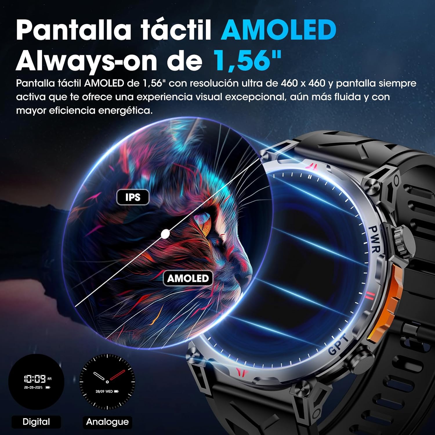 Thumbnail 3 de Mingdaln orologio intelligente militare con GPS, bussola e display AMOLED da 1,56” (GPT, Android e iOS) – Nero