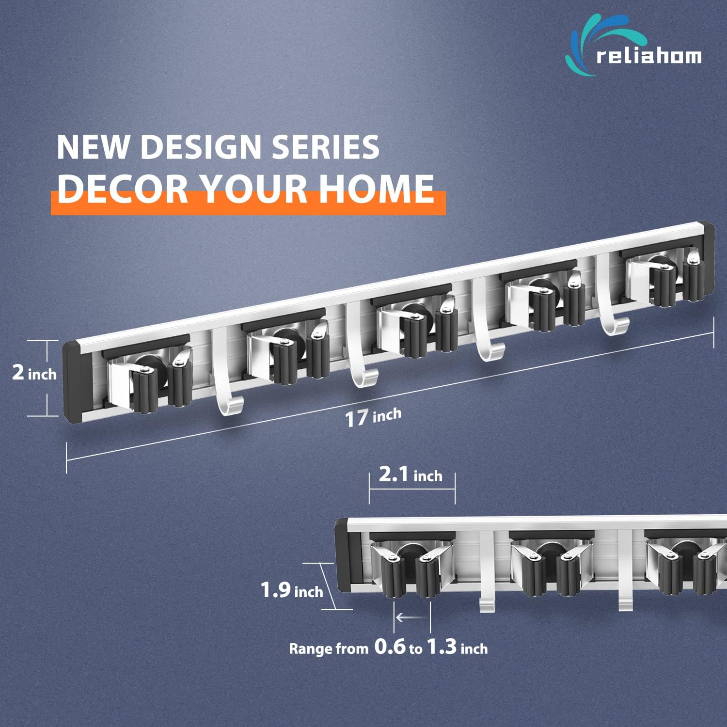Detalle de reliahom Wall Mount Broom Holder, 5 Racks, 4 Hooks, Black Stainless Steel
