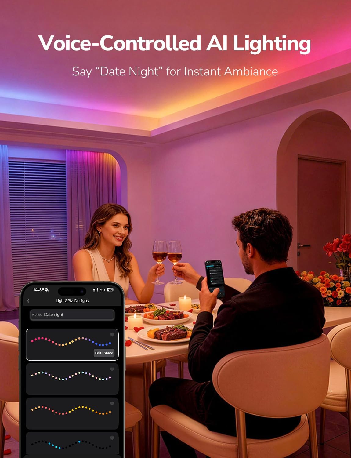 Detalle 2 de Lepro S1 AI RGBIC LED Strip Lights, 32.8 ft, Wi-Fi and Music Sync