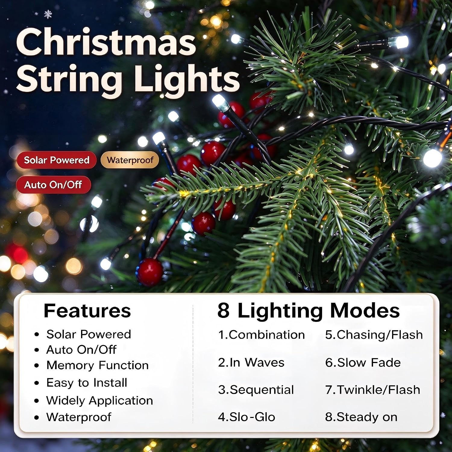Detalle de Joomer Solar Christmas Lights, 4-Pack, 156 ft, 400 White LEDs, 8 Modes