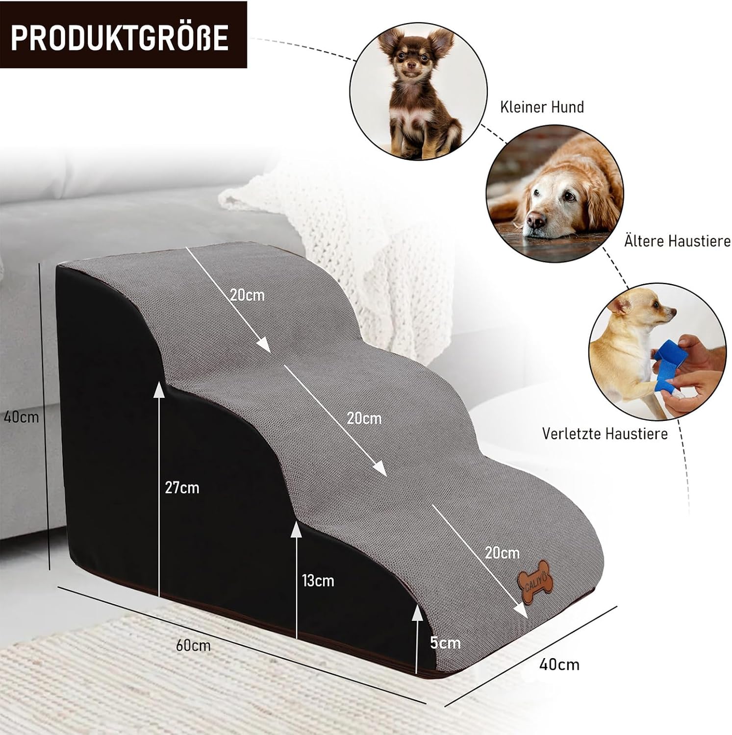 Detalle de CALIYO Hundetreppe 3 Stufen – rutschfeste, waschbare Haustiertreppe für kleine Hunde und Katzen (60×40×40 cm)