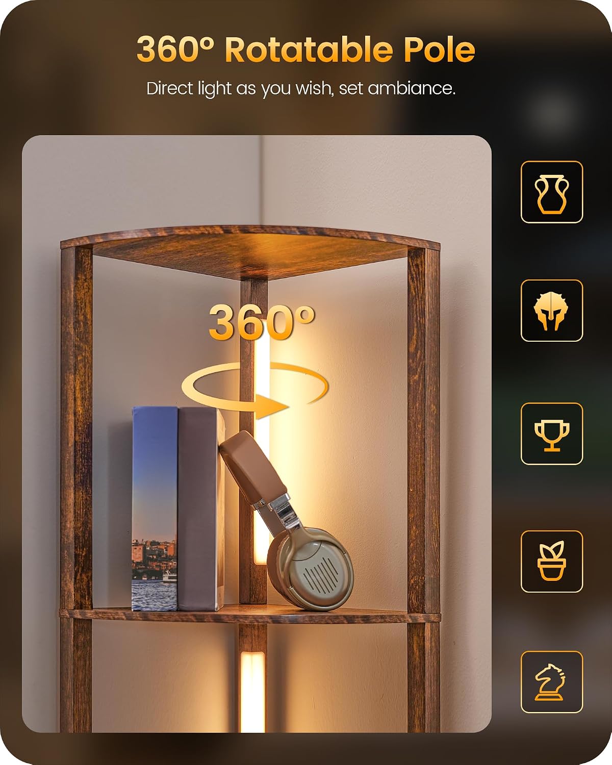 Detalle 2 de GOEBLESON Floor Lamp with Shelves (4-Tier) – 360° Rotatable Corner Light with 3 CCT & Dimming