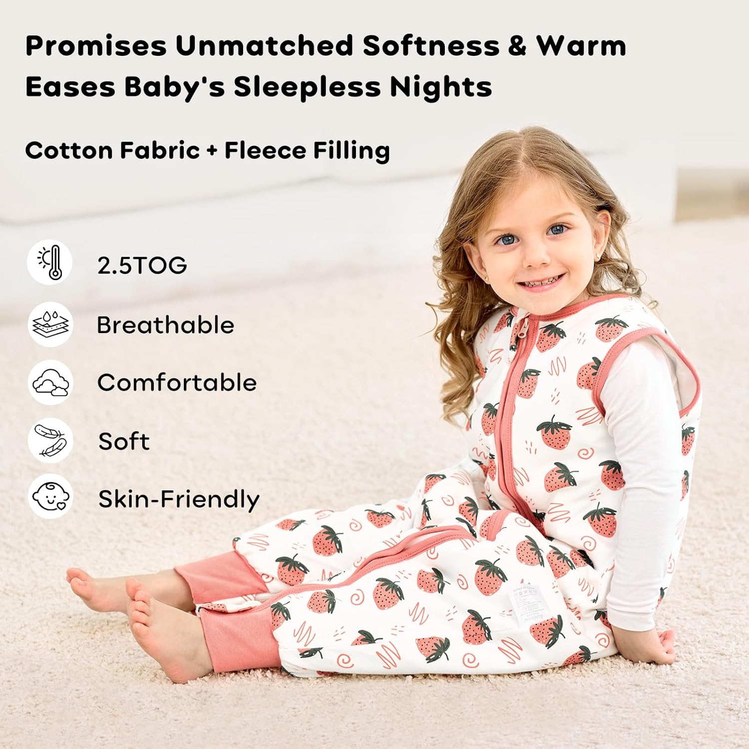 Detalle 2 de Unnivoll Baby Schlafsack mit Füßen 2,5 Tog – Baumwoll-Schlafsack für Wintersaison, 70 cm, Erdbeere