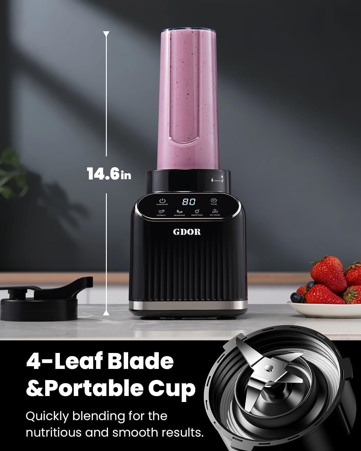 Detalle 1 de GDOR TB-8008 1200W Blender with 52 oz Glass Jar, To-Go Cup and 5 Programs