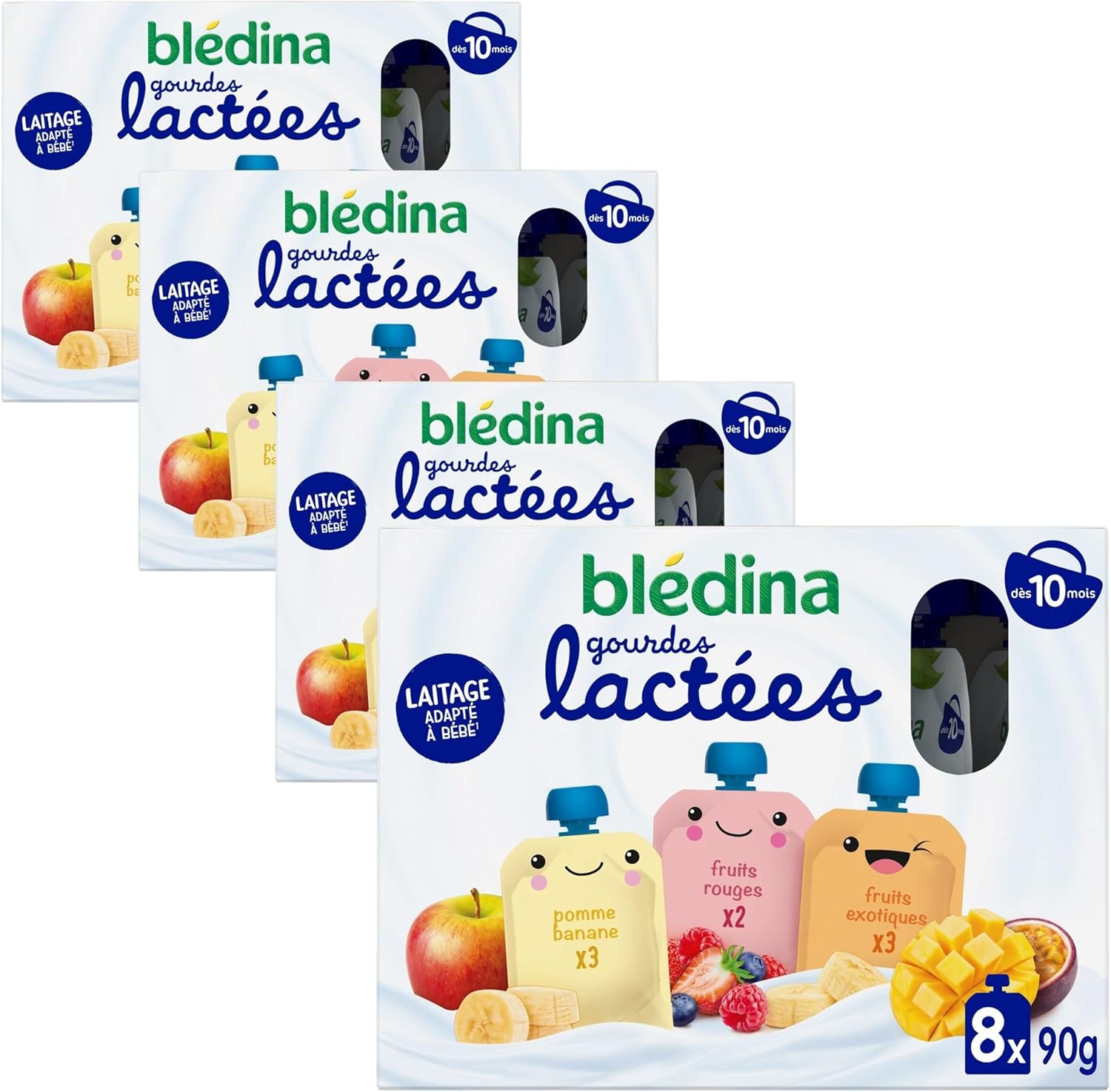 Detalle de BLÉDINA Gourdes lactées aux Fruits Bébé – Fruits Rouges / Pomme Banane / Fruits Exotiques (dès 10 mois) – 4 x 8 x 85 g