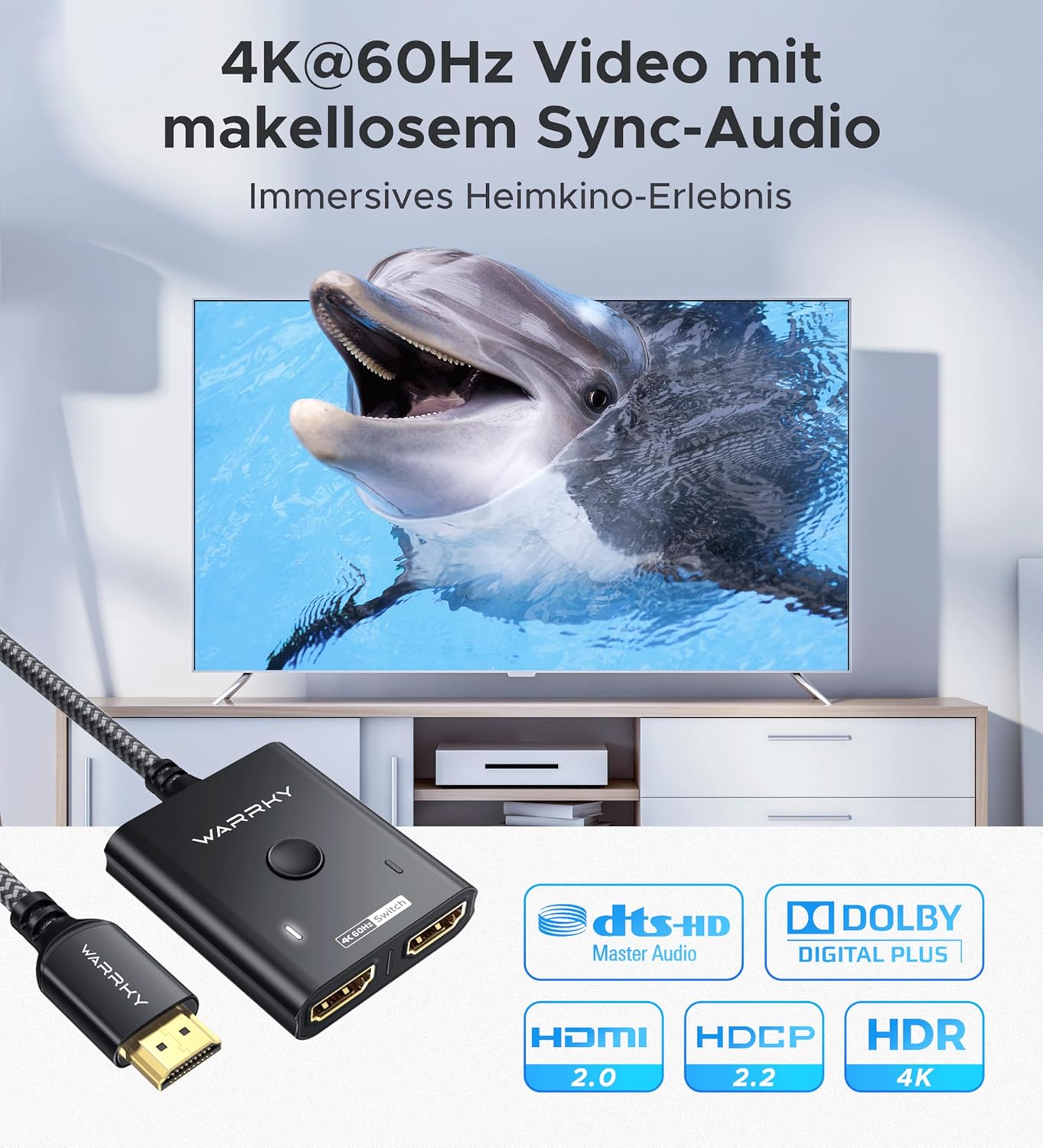 Thumbnail 3 de WARRKY HDMI Switch 4K@60Hz: 2 Eingänge zu 1 Ausgang, Aluminiumgehäuse, HDCP 2.2, 3,3 ft Kabel