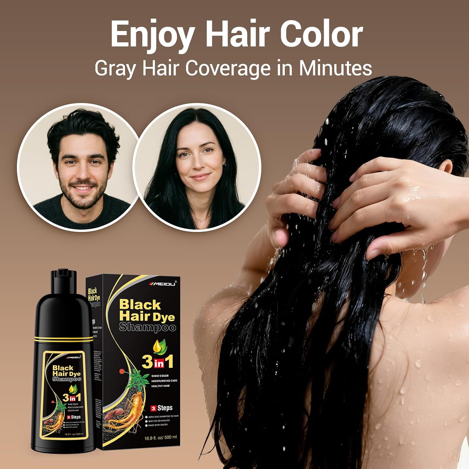 Thumbnail 1 de IIIMEIDU MEIDU Black Hair Dye Shampoo 3 in 1 — Gray Coverage, Semi-Permanent Color for Color-Treated Hair