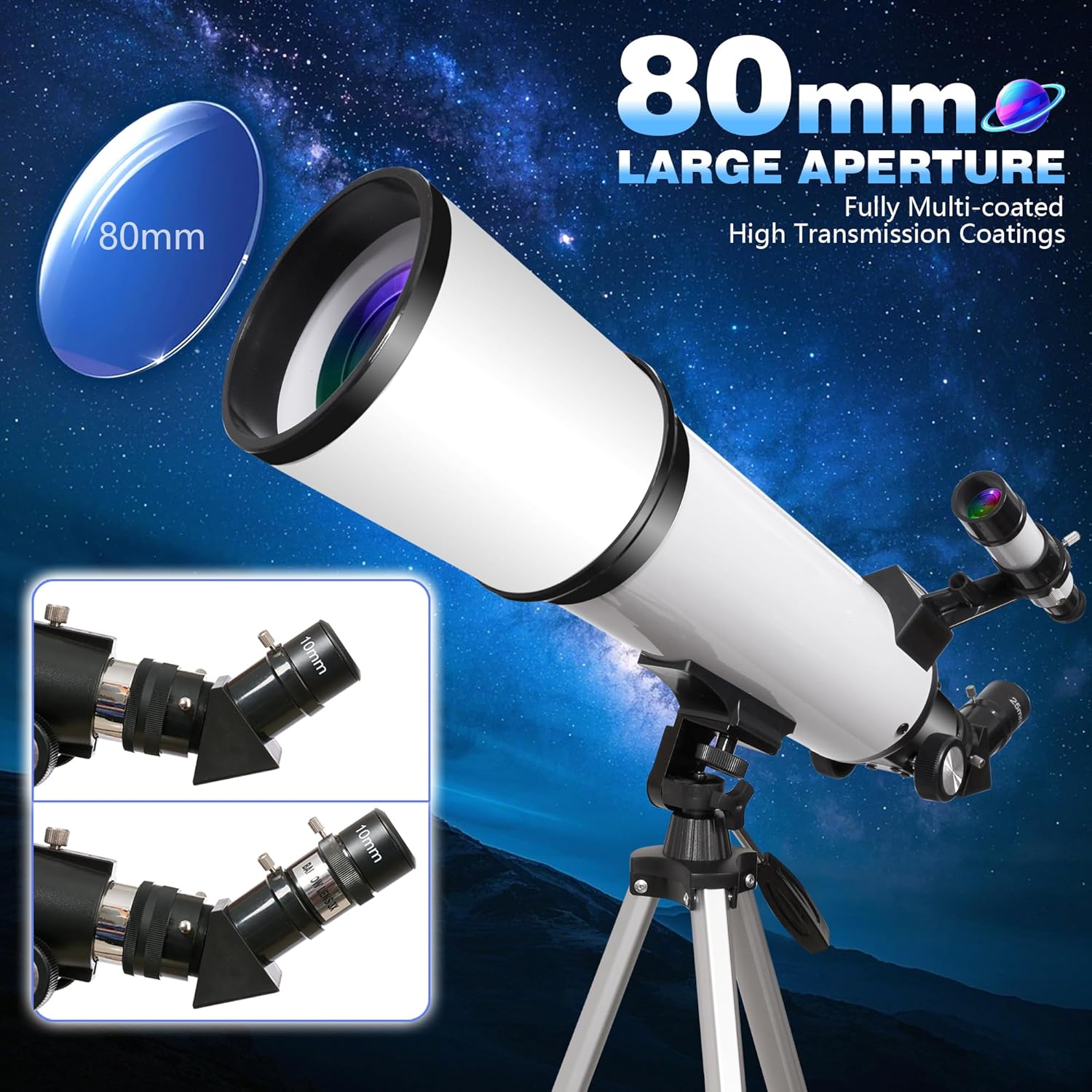 Detalle de 80mm Aperture Refractor Telescope for Adults: Portable, Bright, and Ready for Stargazing