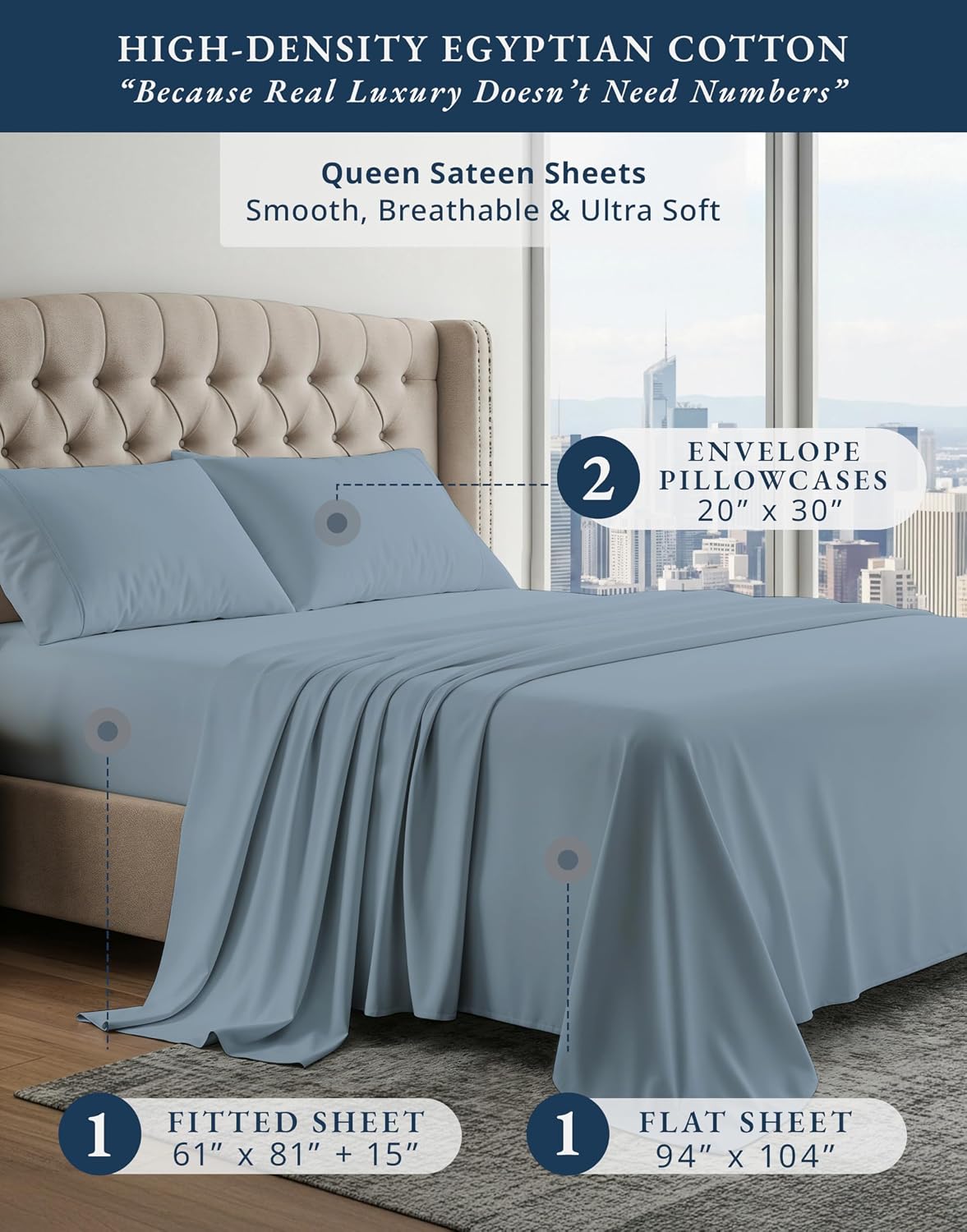 Detalle de 100% Egyptian Cotton Queen Size Sheet Set — Naturally Breathable & Ultra-Soft, French Blue with 15" Deep Pocket