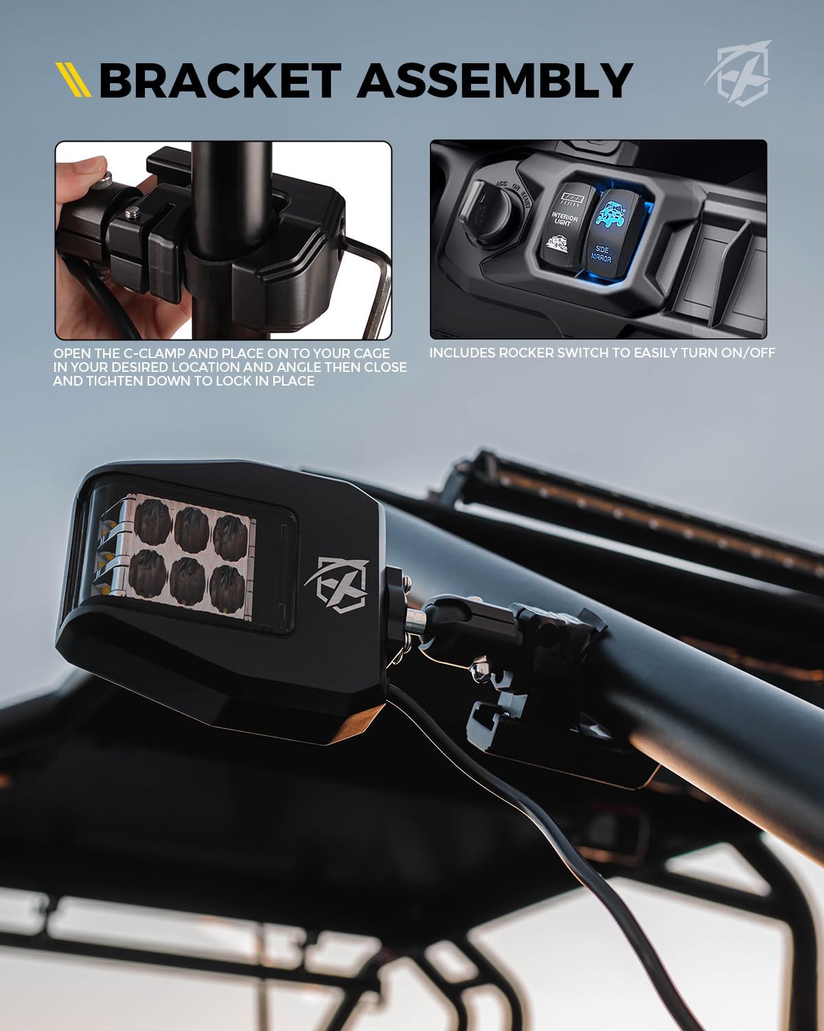Thumbnail 6 de Xprite Classic UTV Side View Mirrors w/ LED Spot Light, Smoke Lens (Fits 1.75"–2" Roll Cages)
