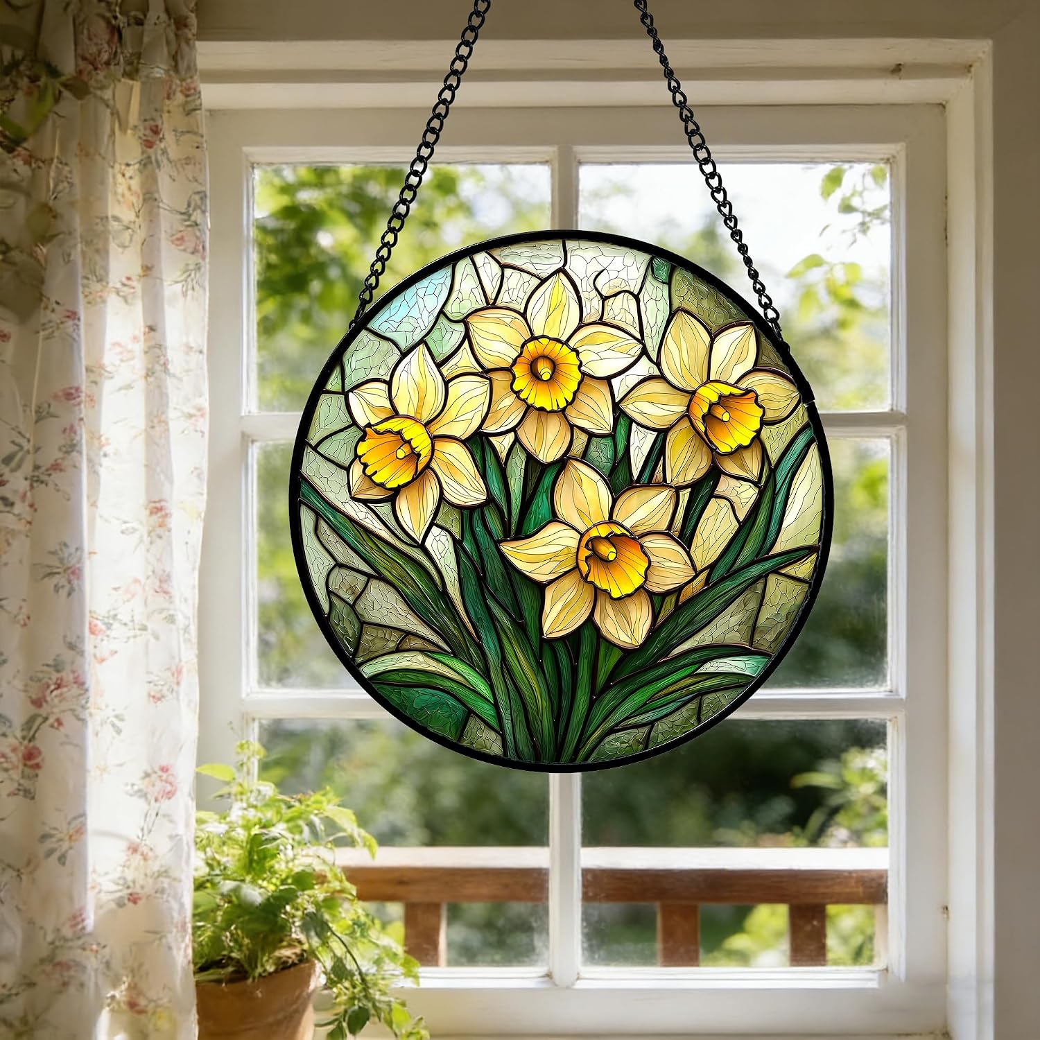Detalle de DASTOLL Daffodil Flower Glass Suncatcher, 7.8-Inch Window Hanging