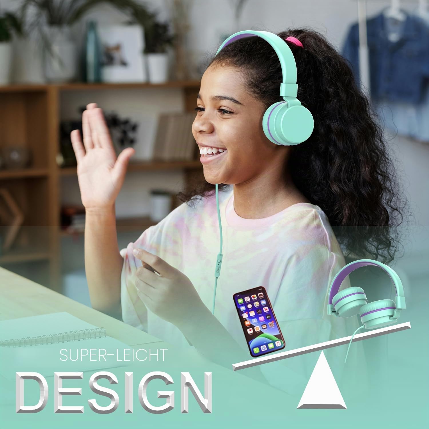 Detalle de YOYOTUNE Kinder-Kopfhörer: kabelgebundene On-Ear-Kopfhörer mit Mikrofon, 3,5 mm, faltbar
