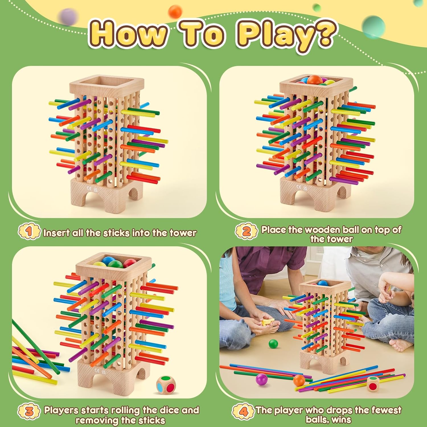 Detalle de Montessori Spiel Brettspiel aus Holz – Würfelspiel mit 42 Stäbchen für die Familie (1 bis 6 Spieler)