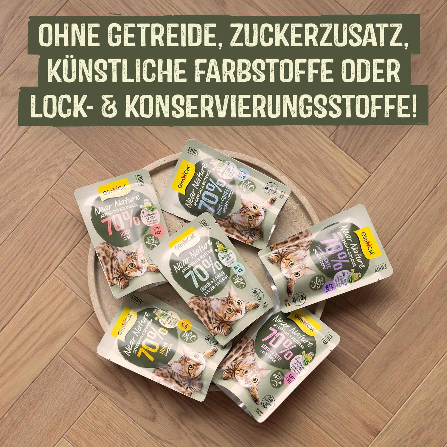 Detalle 2 de GimCat Near Nature Huhn – Getreidefreies Nassfutter für Katzen ab dem 7. Monat, 16 Beutel (16 x 85 g)