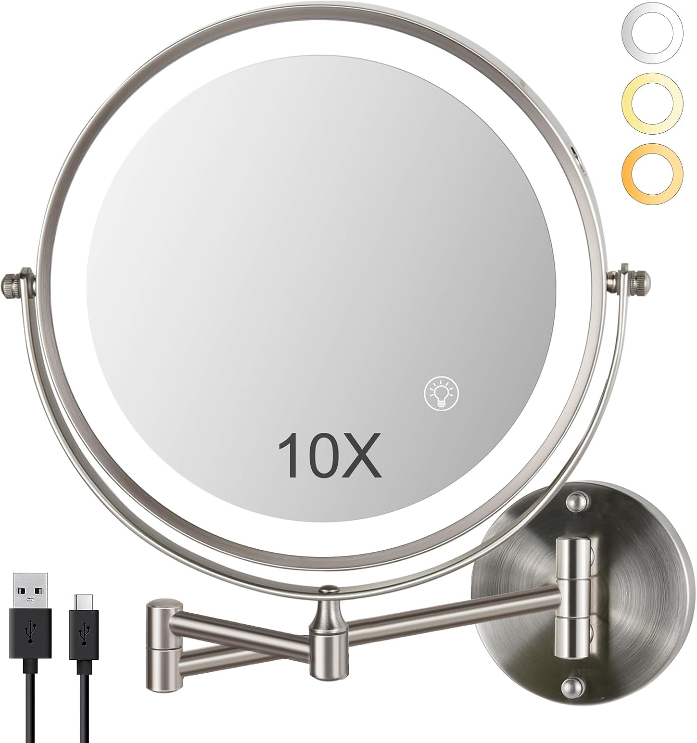 Detalle de SANFANGIE 1x/10x Lighted Wall-Mounted Makeup Mirror, Brushed Nickel