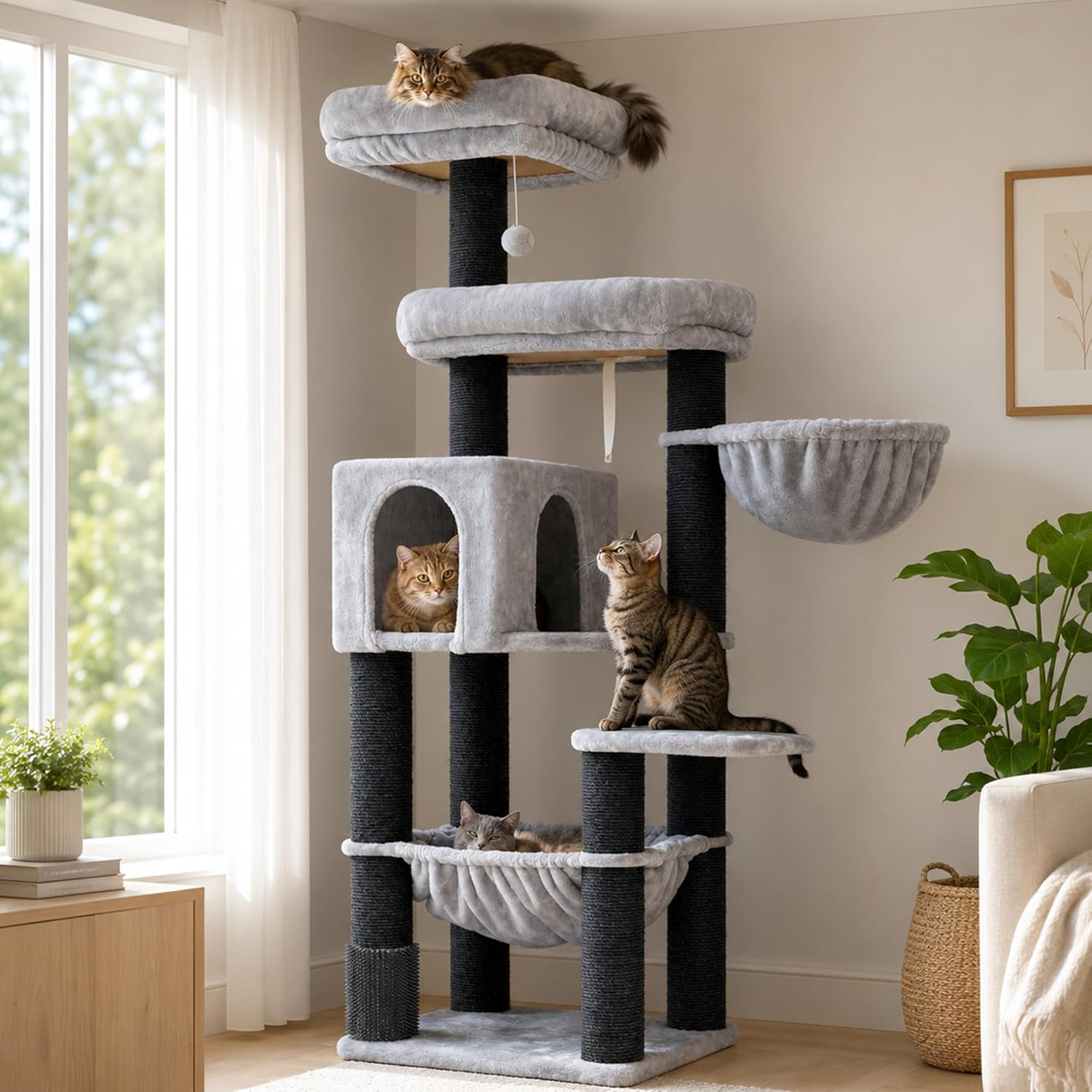 Detalle de Hey-brother XXL Kratzbaum für Maine Coon (168 cm) mit Hängematte, Sisalpfosten Ø 11 cm, Hellgrau EMPJ01W